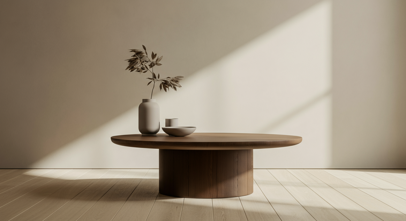 Minimalist room with a round wooden table featuring a single vase with a branch, a small bowl, and a small container, with sunlight casting diagonal shadows on the wall