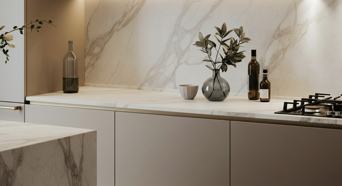 Modern kitchen countertop with decorative bottles, a vase with greenery, a small bowl, and a gas stove.