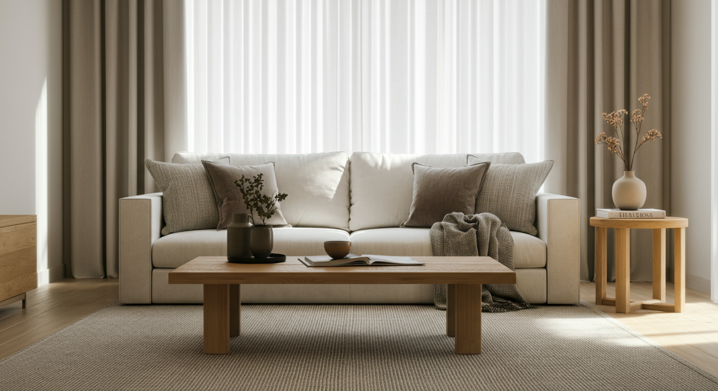 Minimalist living room with a white sofa, beige pillows, a wooden coffee table, a side table with a white vase and book, and light curtains.