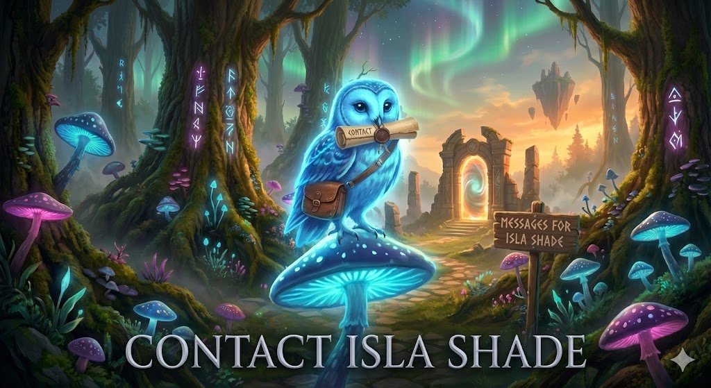 A magical forest with colorful glowing mushrooms, glowing trees with runes, an ancient stone archway, and an owl with a messenger message in its beak, carrying a leather satchel on a mushroom. The sky shows northern lights and floating islands in the distance.