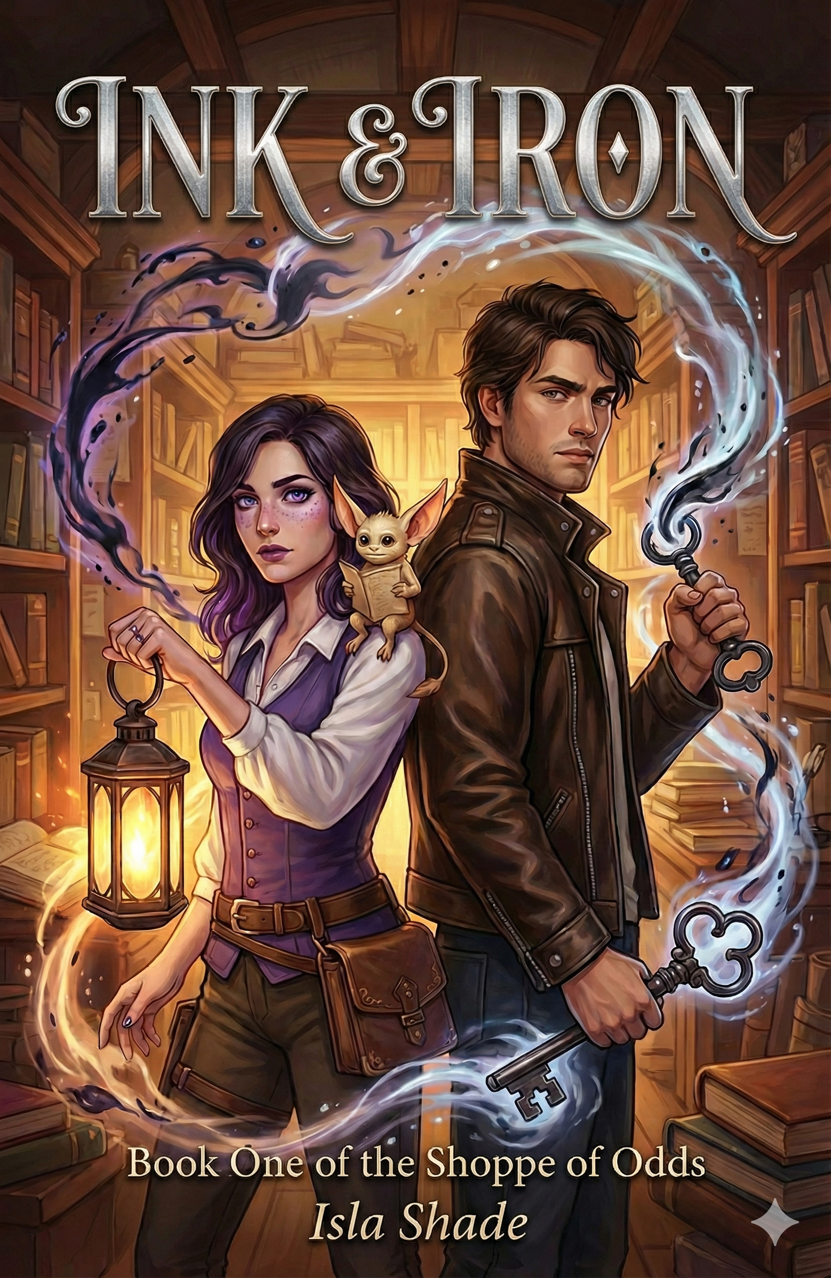 Digital illustration of two characters in a library with glowing bookshelves. A woman with purple hair and freckles holds a lantern, while a man with brown hair in a leather jacket holds a key. A small creature with large ears sits on the woman's shoulder. The title "INK & IRON" appears at the top, and the text "Book One of the Shoppe of Odds Isla Shade" is at the bottom, indicating a fantasy novel cover.