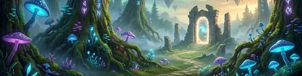Fantasy forest scene with glowing mushrooms, mystical runes on trees, a stone pathway, and a portal illuminated in the background.