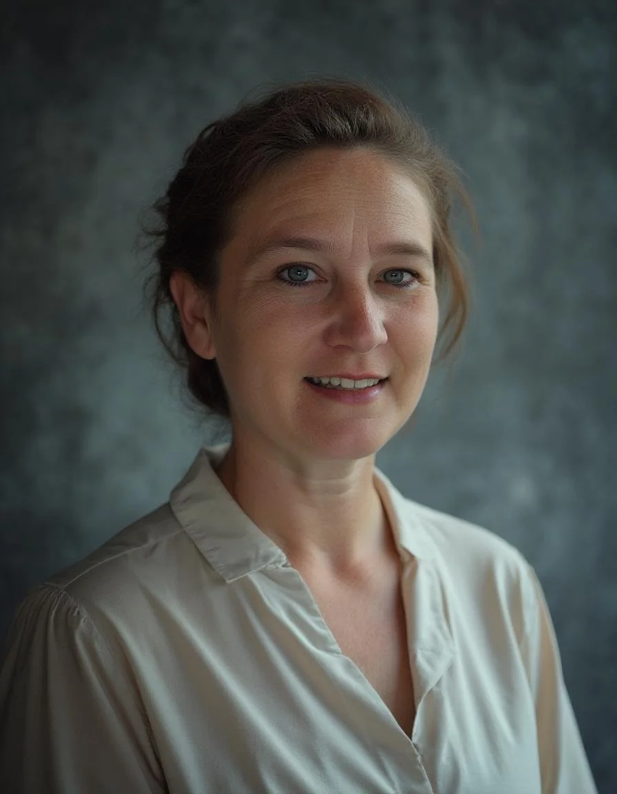 Portrait of a woman with short brown hair wearing a light-colored blouse, smiling, against a dark mottled background.