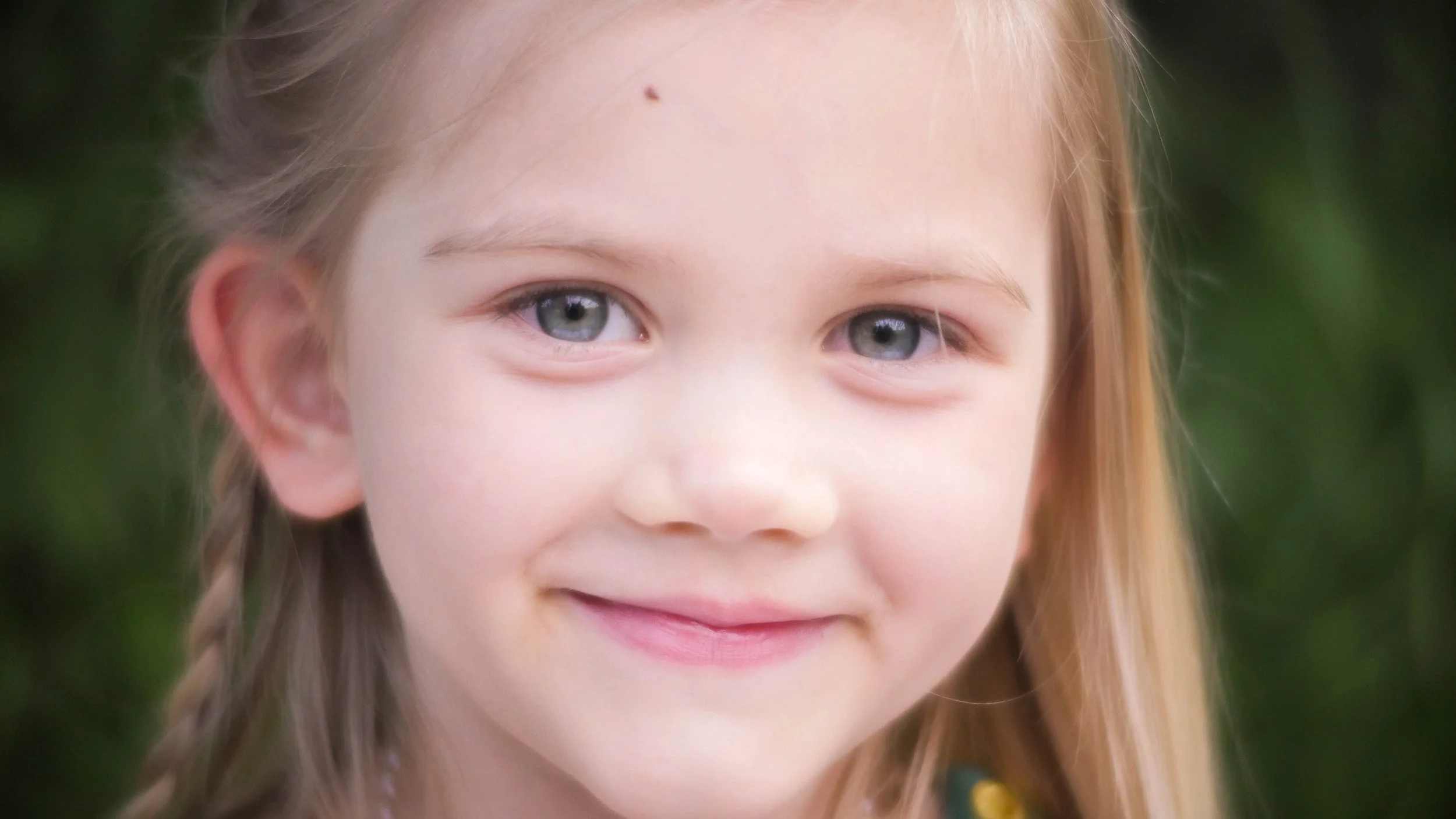 Close-up of a young girl with blue eyes, long light brown hair, outdoors with blurred green background.