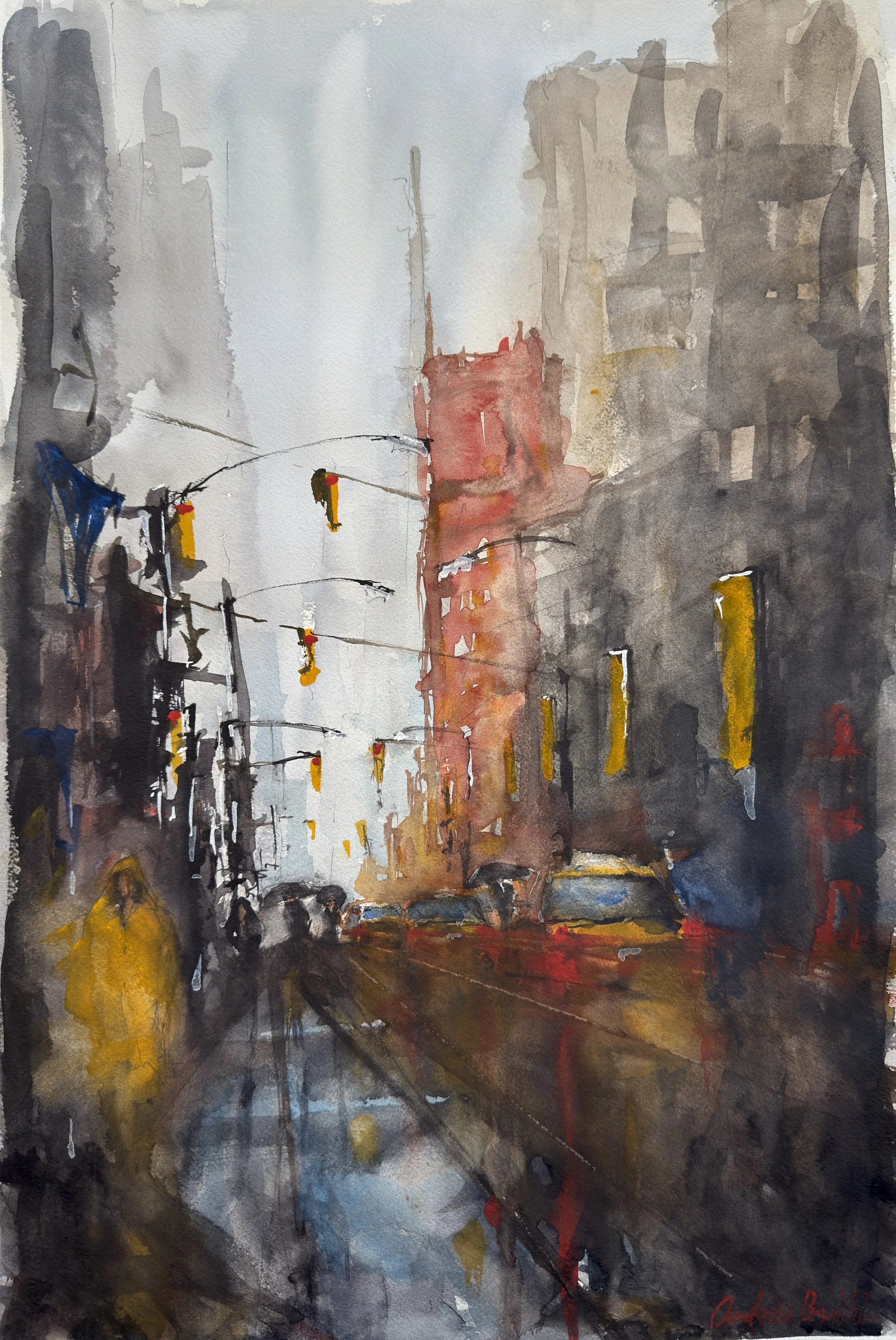 Watercolor painting of a city street scene with tall buildings, traffic lights, cars, and pedestrians, some holding umbrellas, on a rainy day.