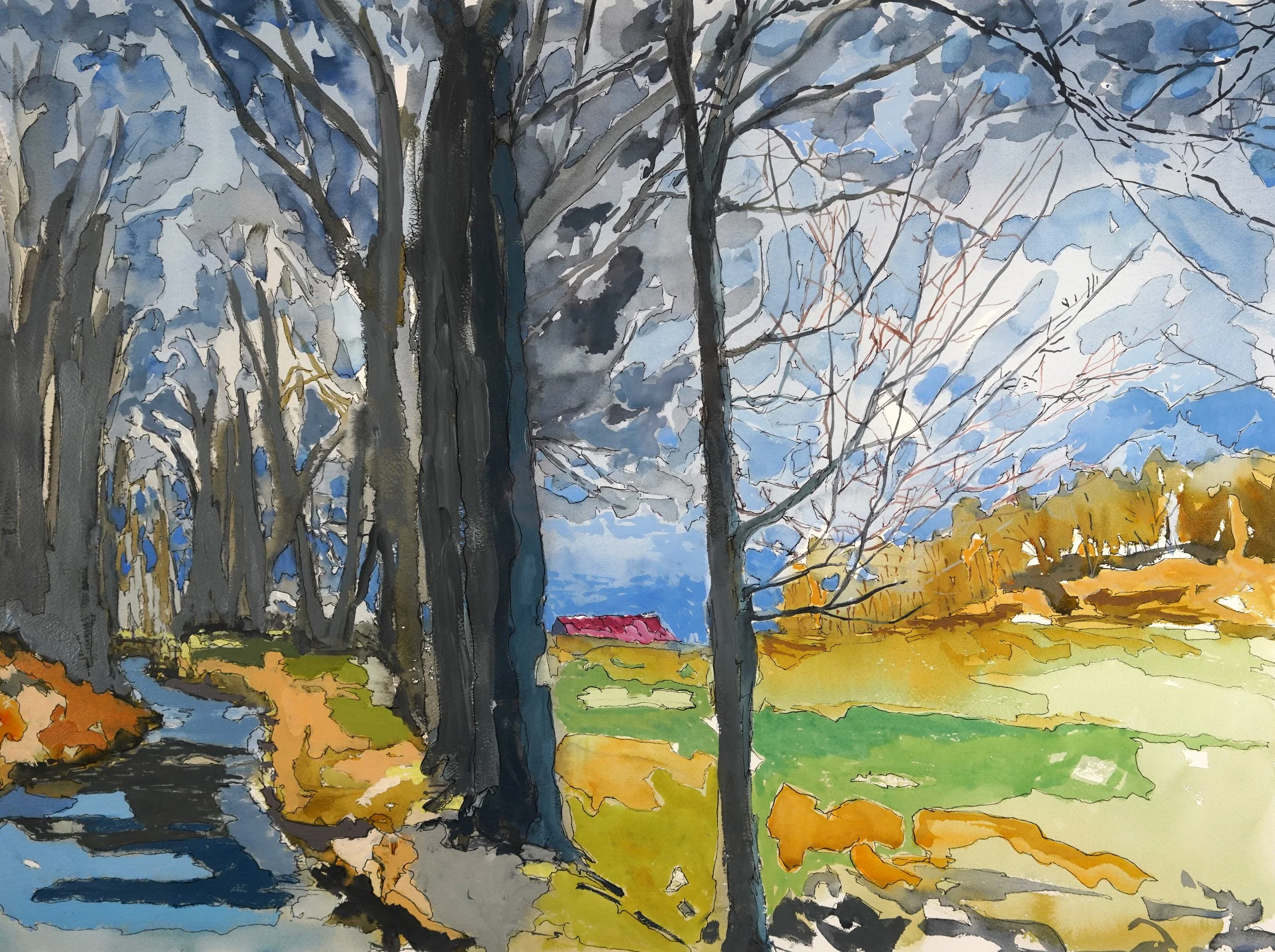 A watercolor painting of a landscape featuring trees, a winding stream, a field with patches of green, and a small house with a red roof in the distance under a sky with clouds.