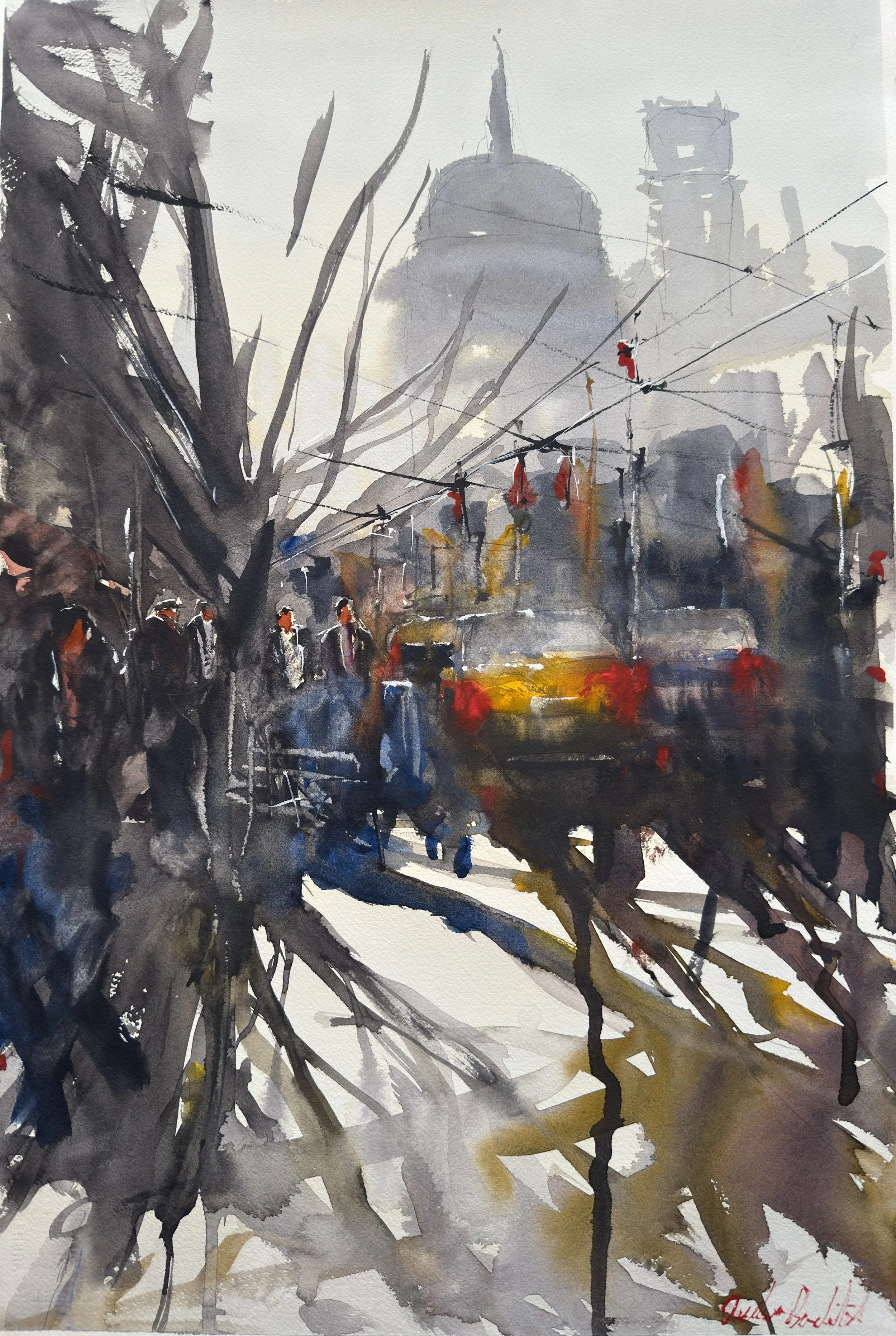 An abstract watercolor painting of a busy city street with a large domed building in the background, streetcars, and people walking along the sidewalk, with leafless trees and power lines in the foreground.