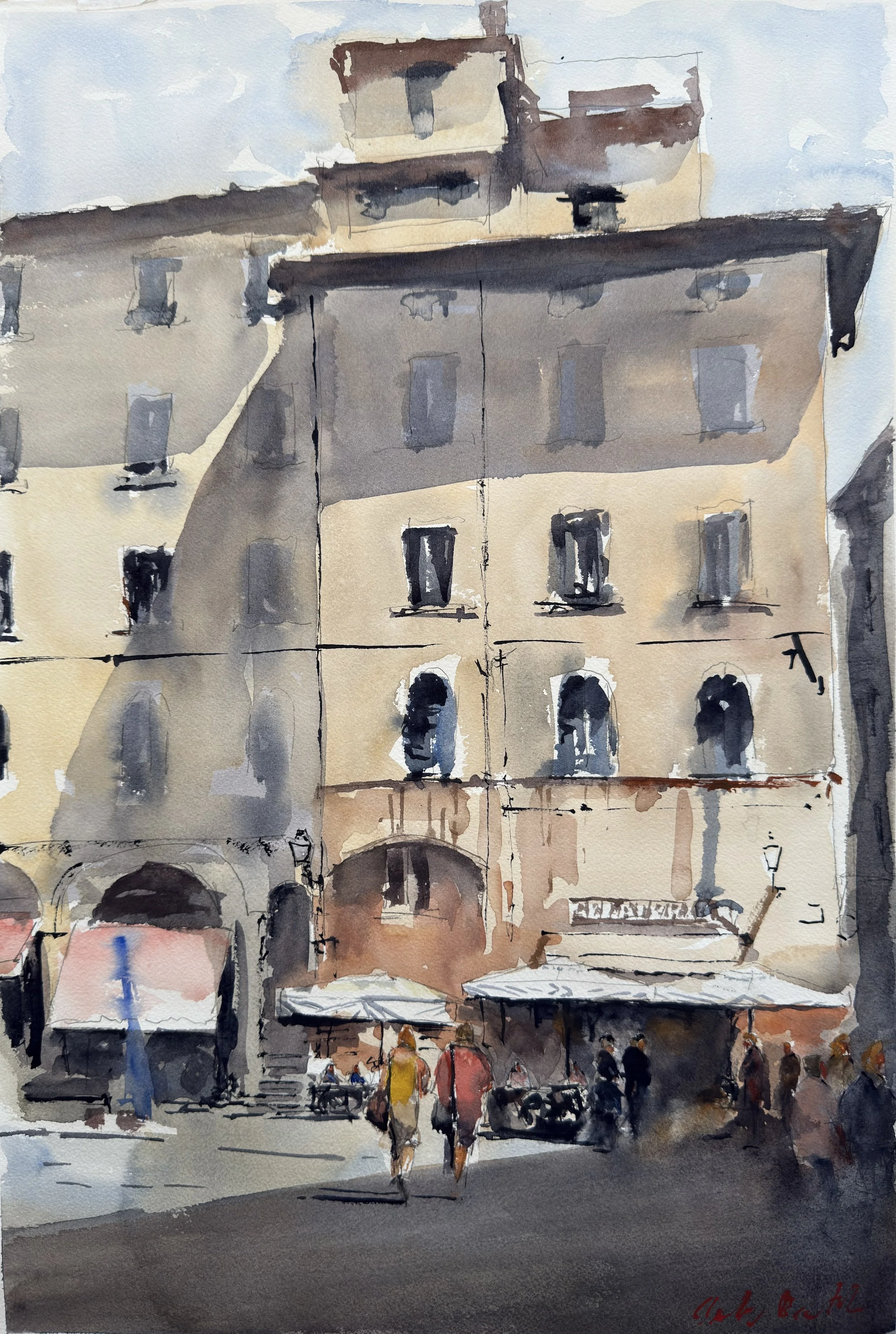 A watercolor painting of a busy city street scene with historic buildings, outdoor cafes, and pedestrians under umbrellas.