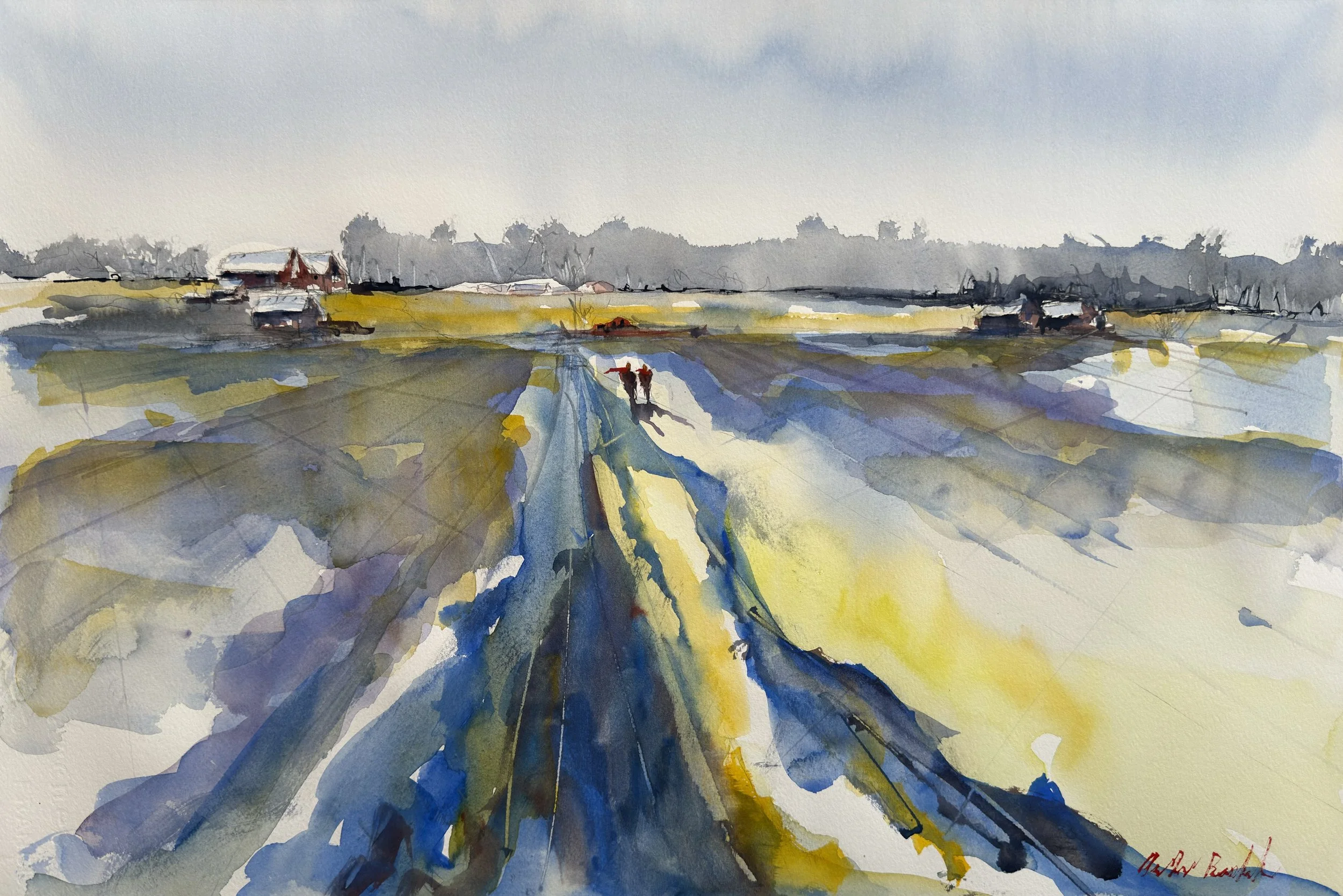 Watercolor painting of a farmland with a dirt road running through it, leading towards distant farms and a treeline on the horizon, under a cloudy sky.