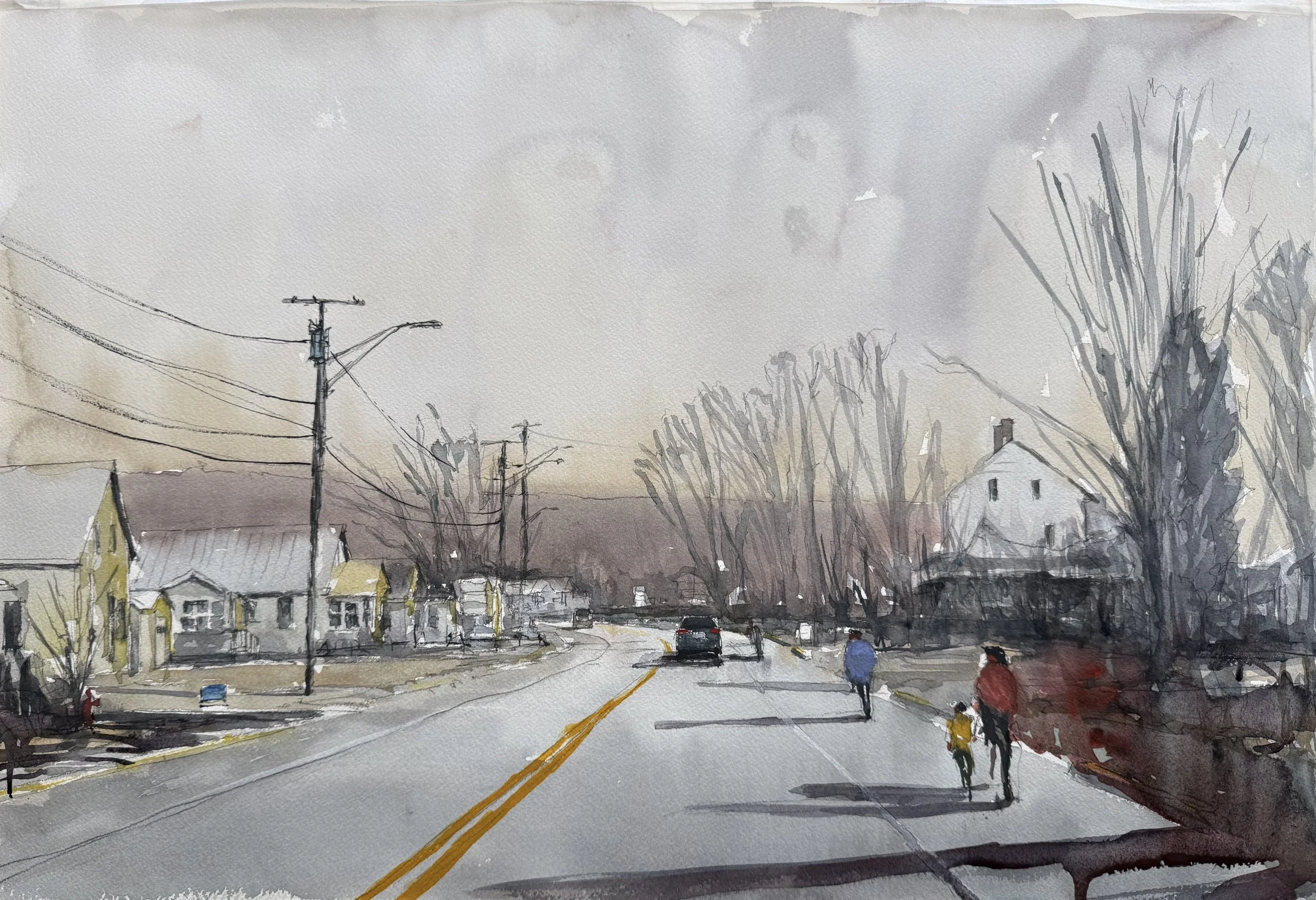 Watercolor painting of a suburban street scene with houses, trees, power lines, a car, and pedestrians.