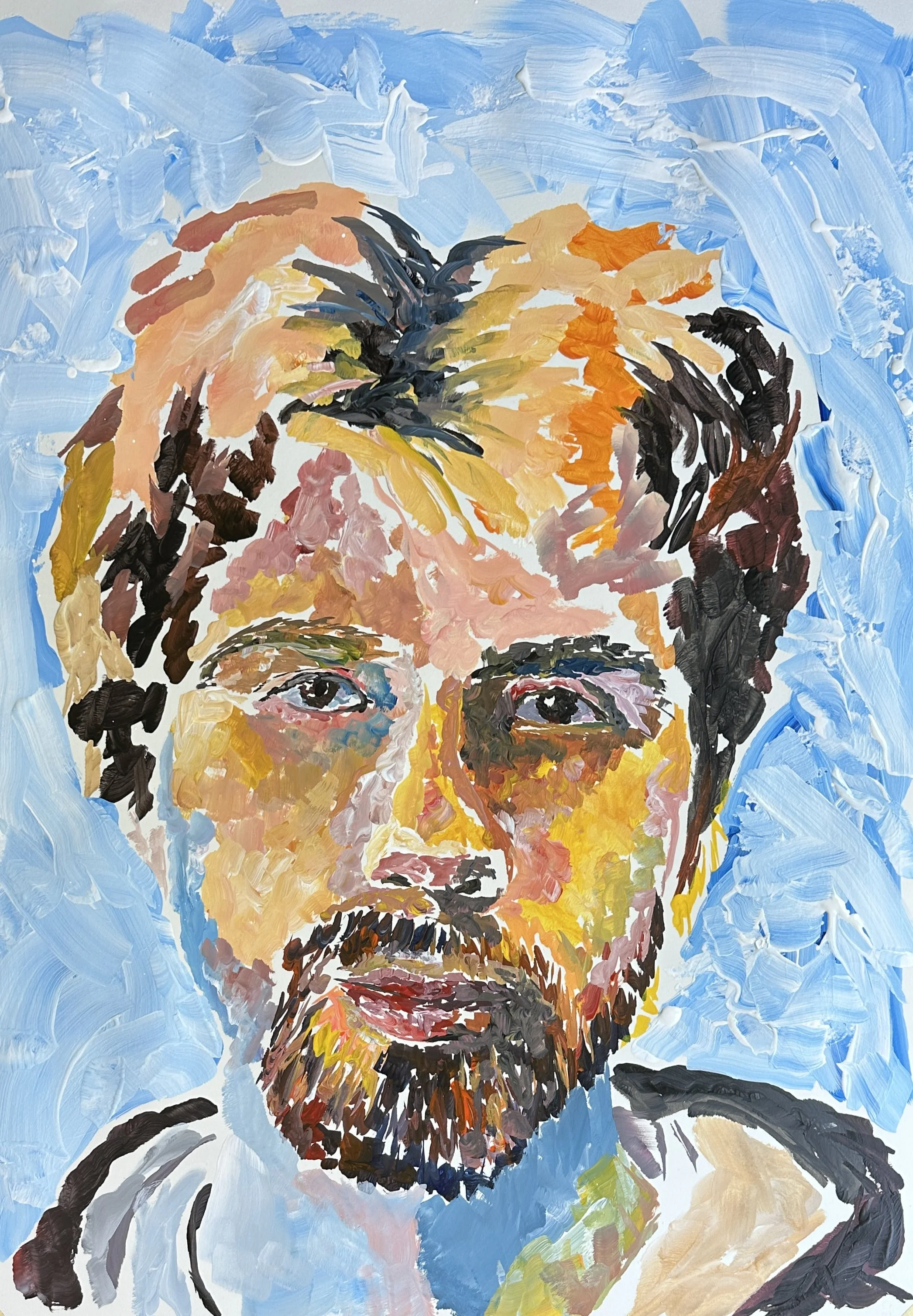 Abstract portrait of a man with a beard, brown hair, and intense eyes, painted with thick brush strokes in various colors including brown, yellow, pink, orange, and black, set against a blue background.