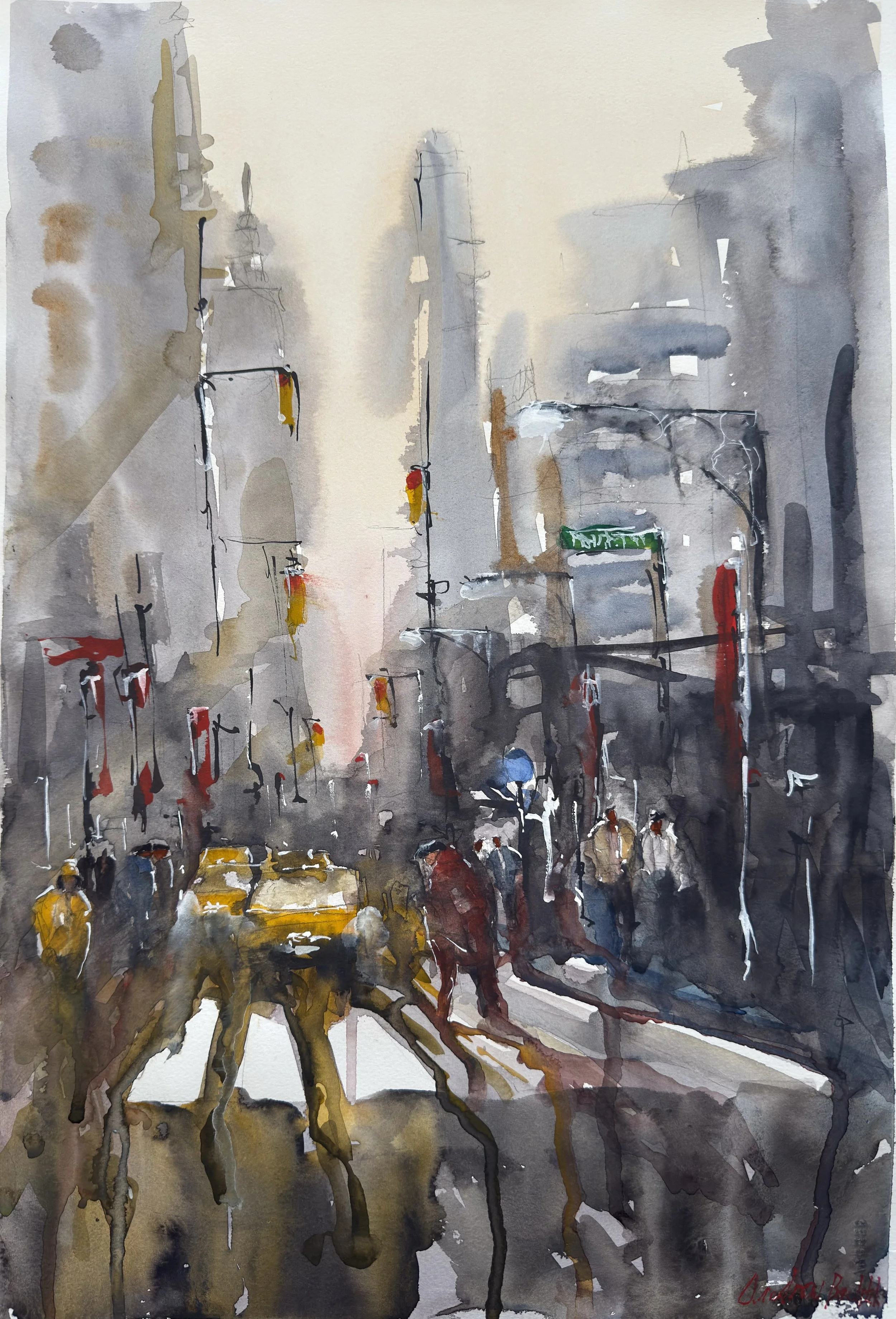 A watercolor painting of a busy city street scene in New York City, showing pedestrians with umbrellas, yellow taxis, traffic lights, and tall buildings in gray and muted colors.