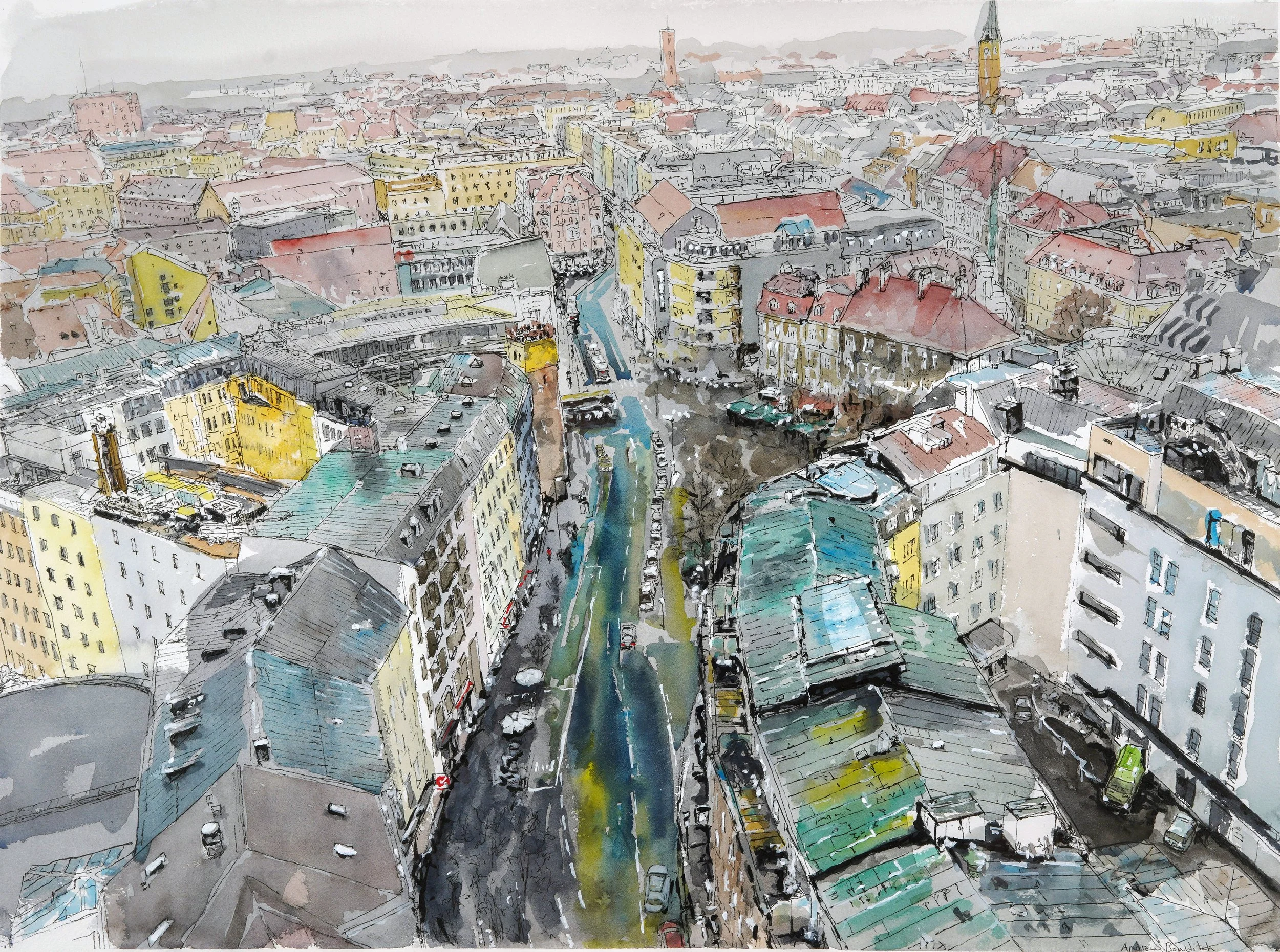 Watercolor painting of a cityscape viewed from a high vantage point, featuring a mix of tall and short buildings with various roofing styles, a canal running through the center, and church steeples in the background.
