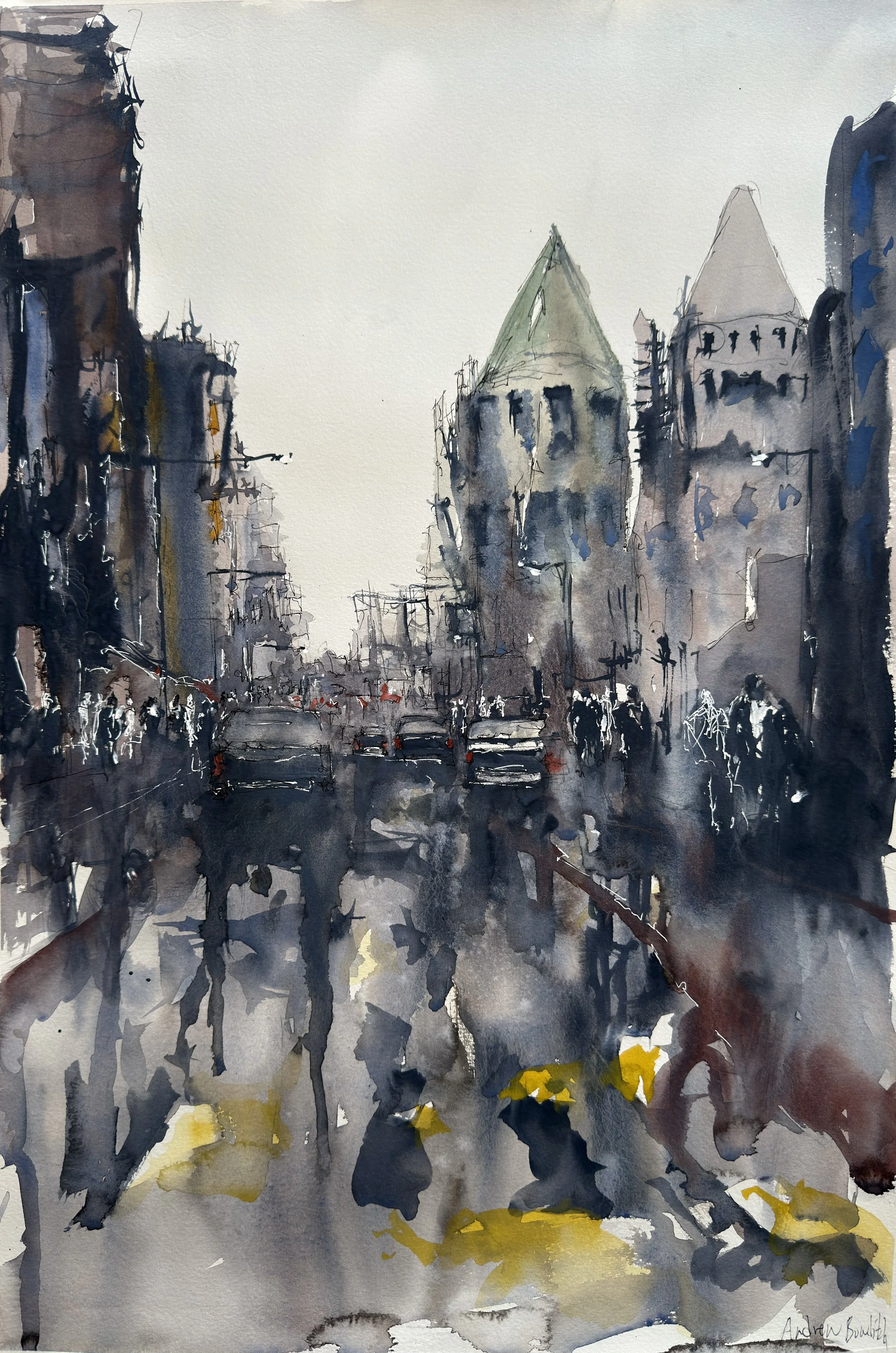 Watercolor painting of a city street scene with dark buildings, cars, and pedestrians, with reflections on wet pavement and a cloudy sky.