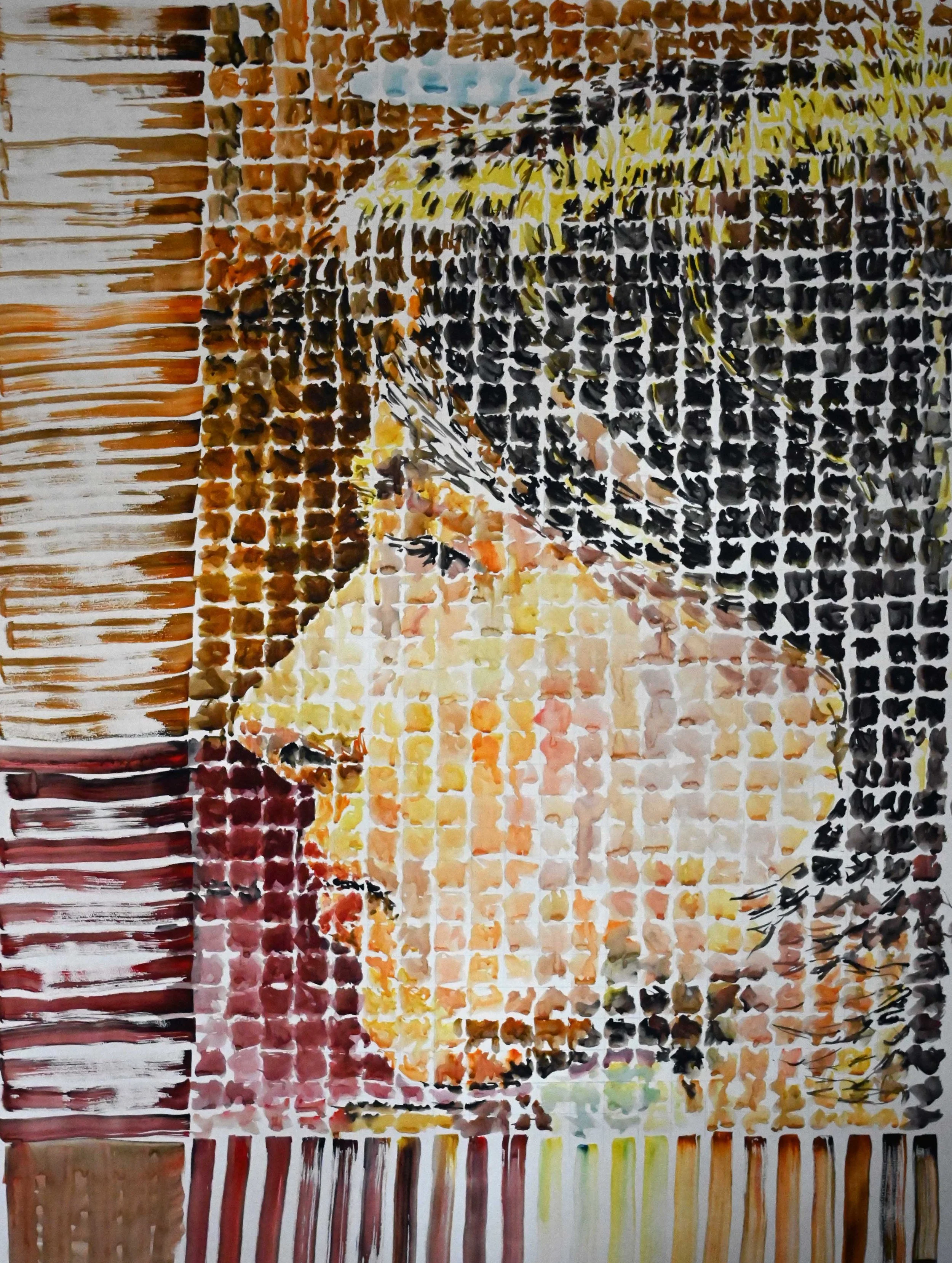 Abstract watercolor painting of a person with a bun, featuring warm colors like yellow, orange, red, and black, with a striped background.