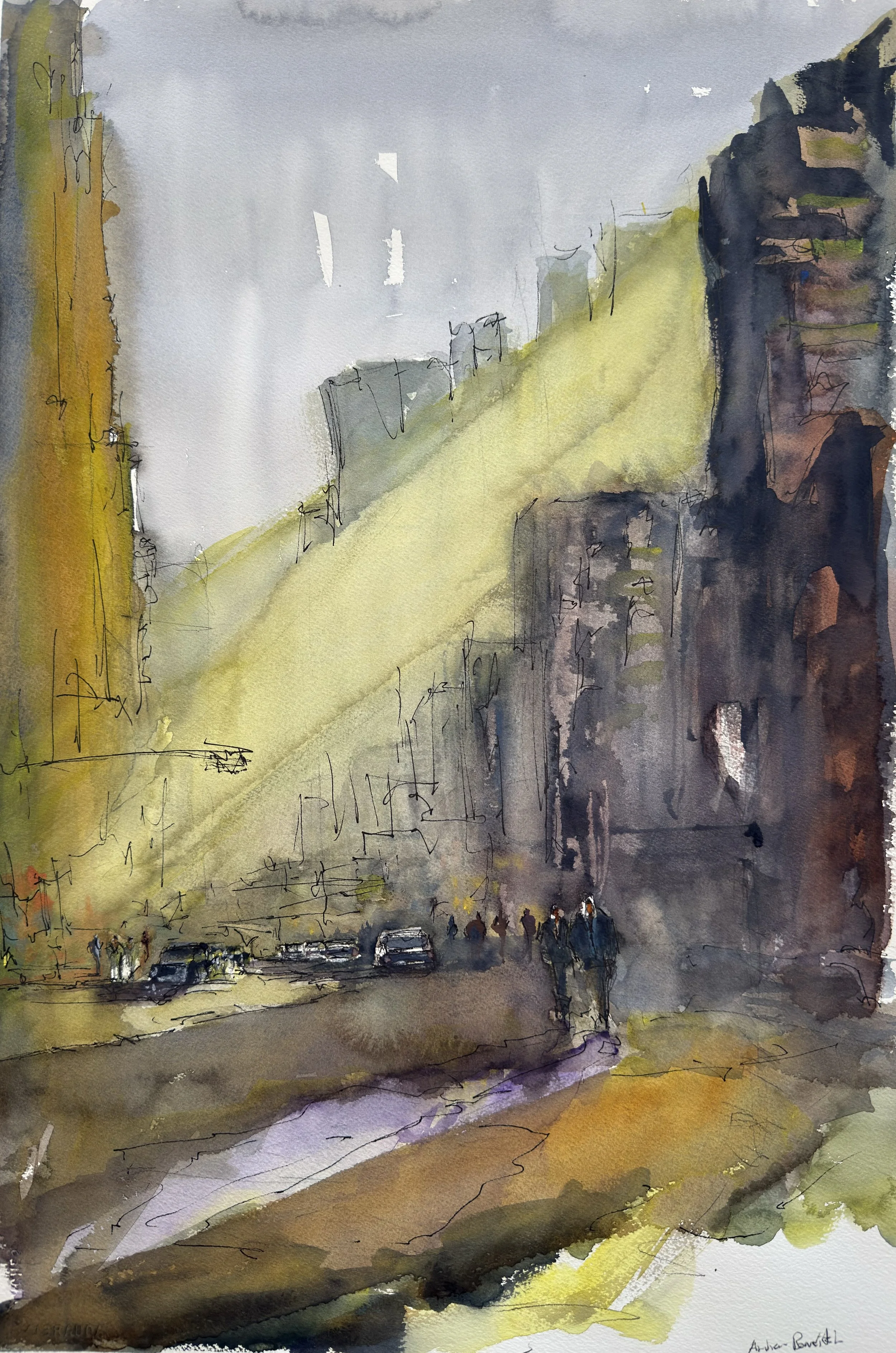A watercolor painting of a city street with tall buildings on the right and a hill with a golden glow on the left. People are walking along the sidewalk, and cars are on the street under an overcast sky.