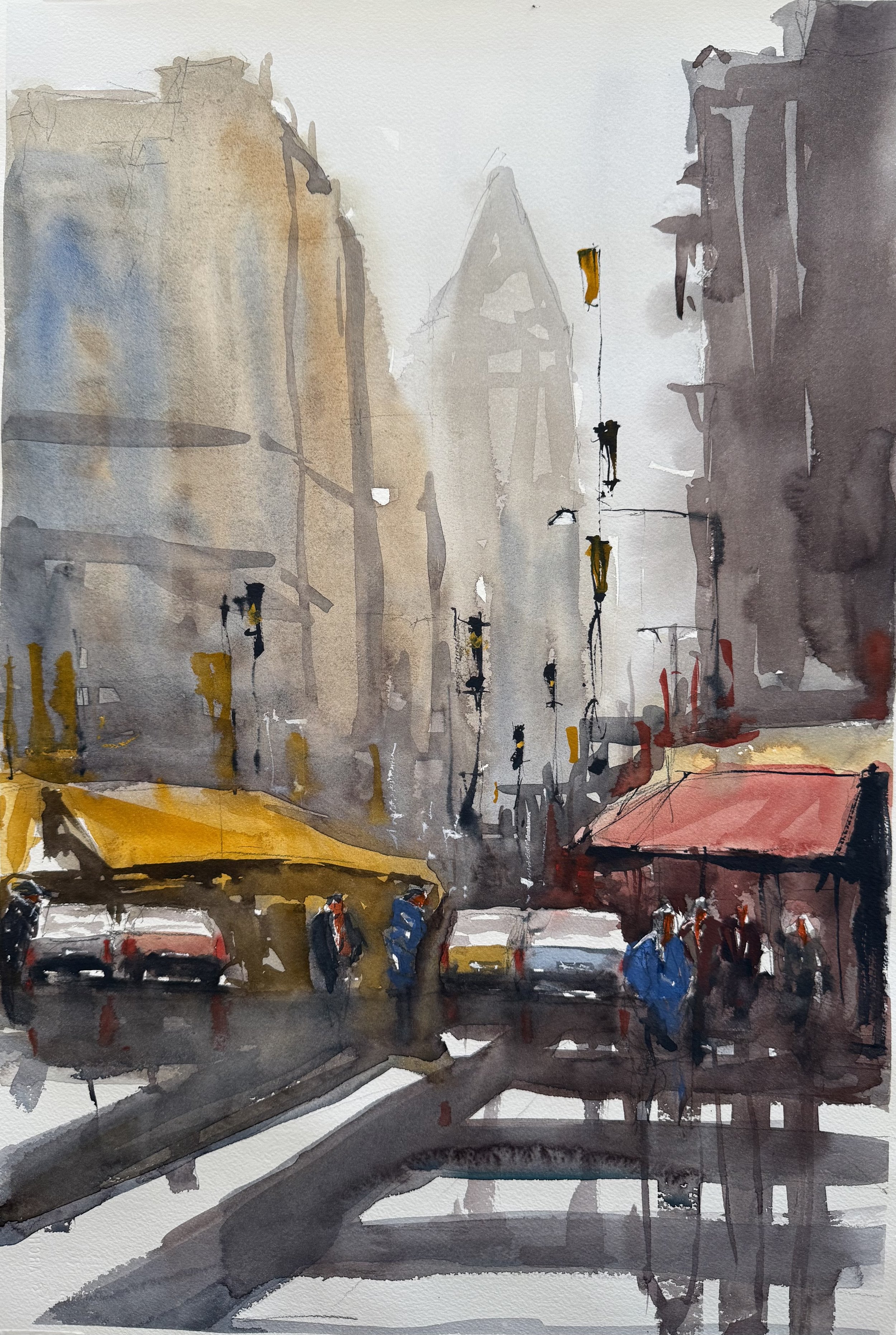 Watercolor painting of a city street scene with tall buildings, streetlights, cars, and pedestrians on a rainy day with umbrellas.