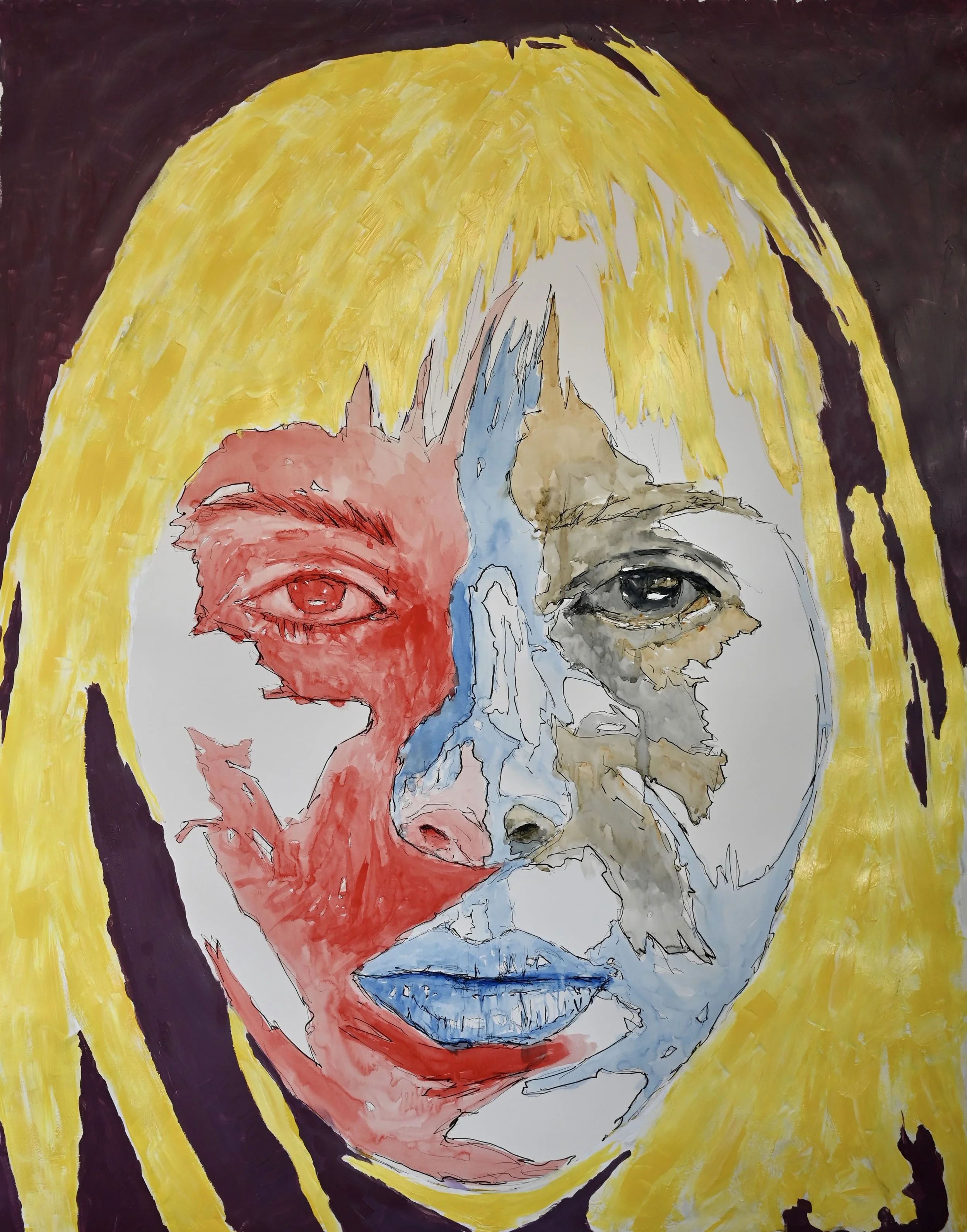 A colorful abstract portrait of a woman's face, with half painted red and blue, and the other half in natural tones, with yellow hair and a dark background.