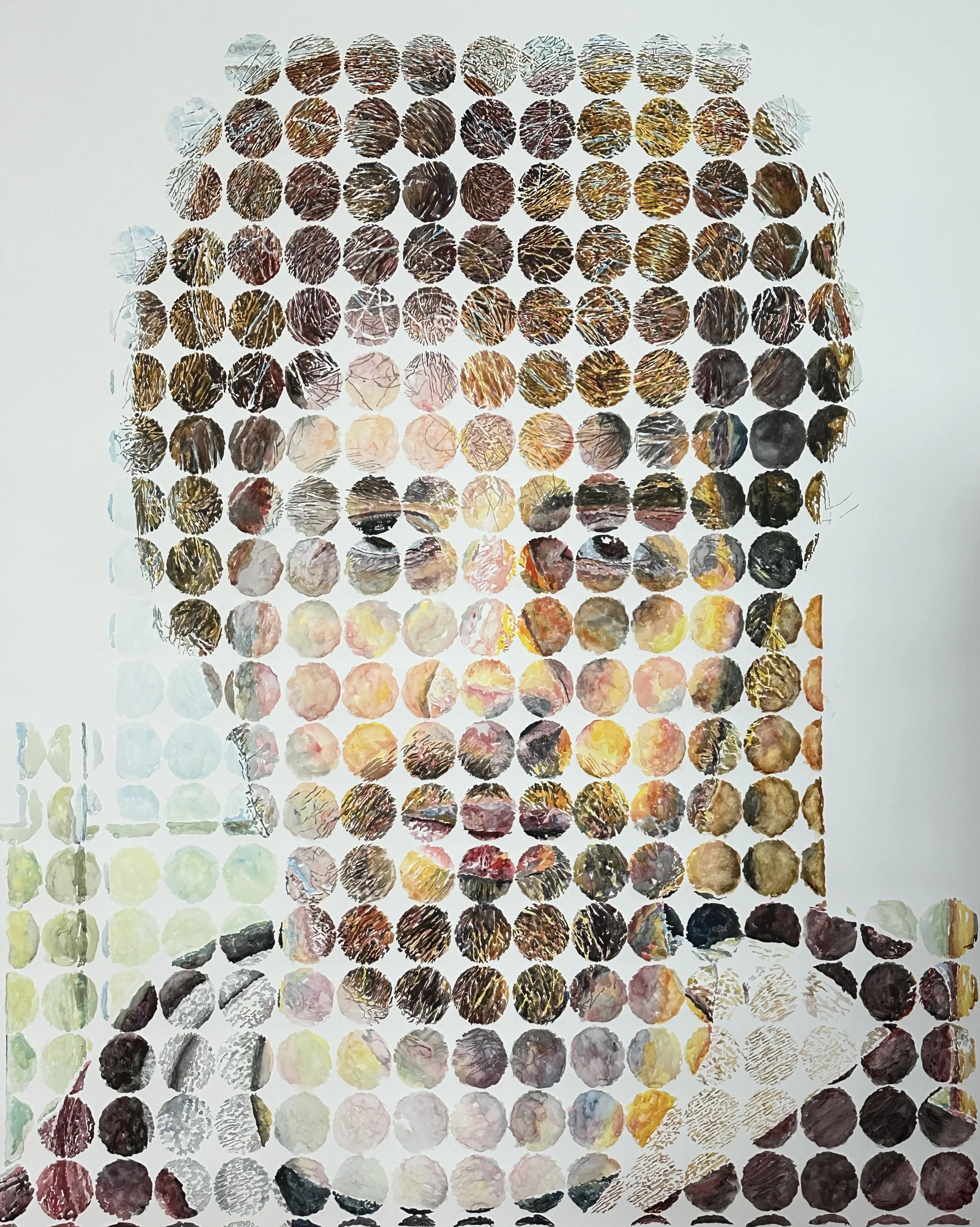 Abstract artwork composed of numerous circular shapes and textured brush strokes in various colors including browns, pinks, yellows, and greens against a white background.