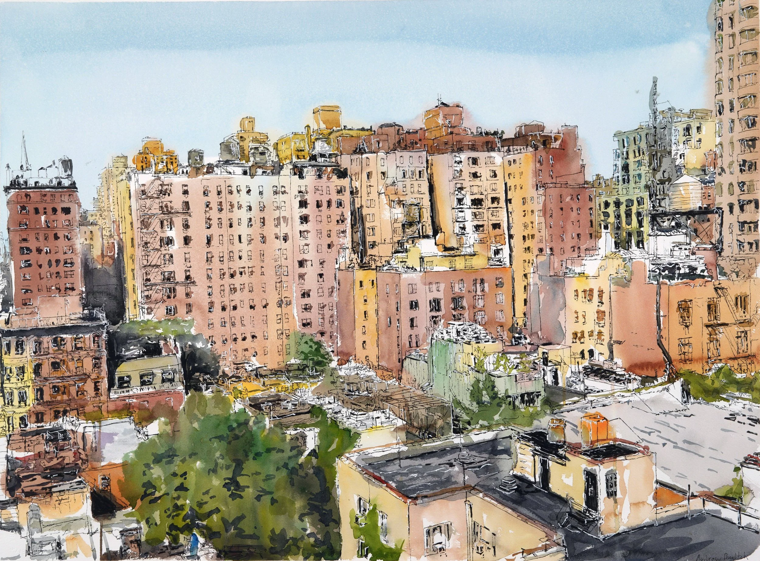 A watercolor painting of a cityscape featuring tall apartment buildings with various colors and rooftop details, green trees, and rooftops in the foreground.