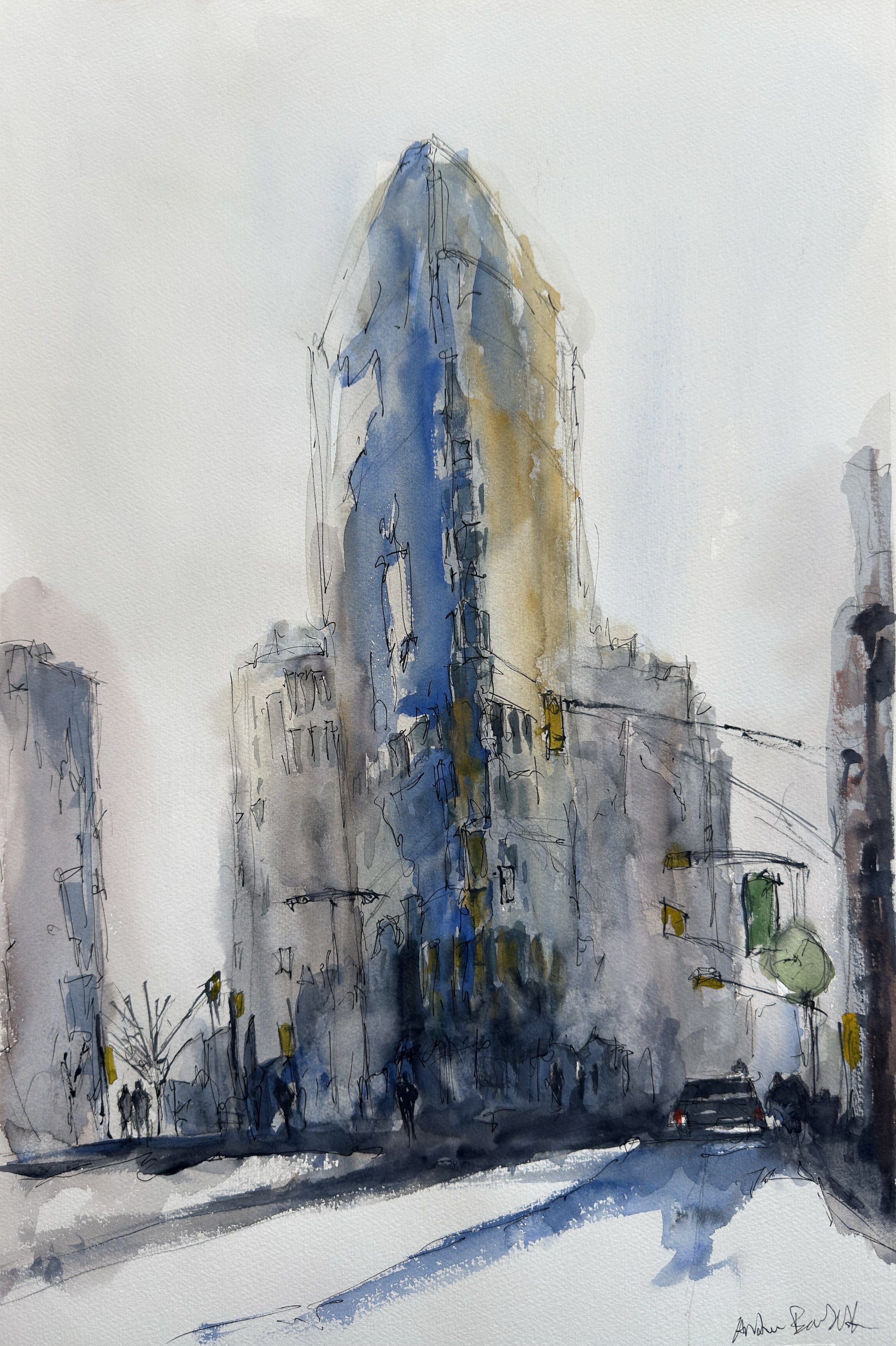 Watercolor painting of a city street with tall buildings, traffic lights, and cars, with pedestrians walking on the sidewalk.