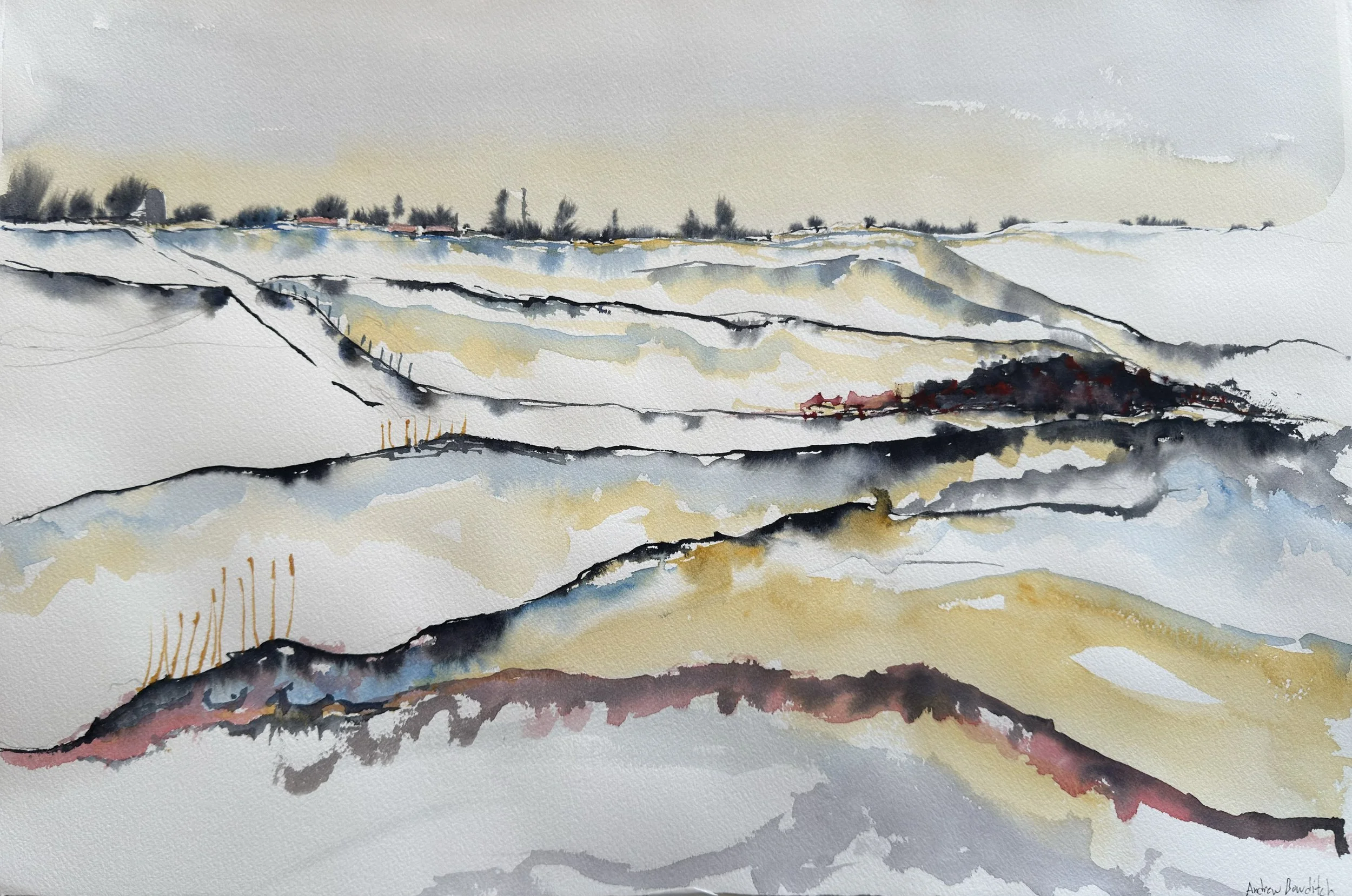 Watercolor painting of snow-covered hills with sparse trees and a distant horizon under a cloudy sky.