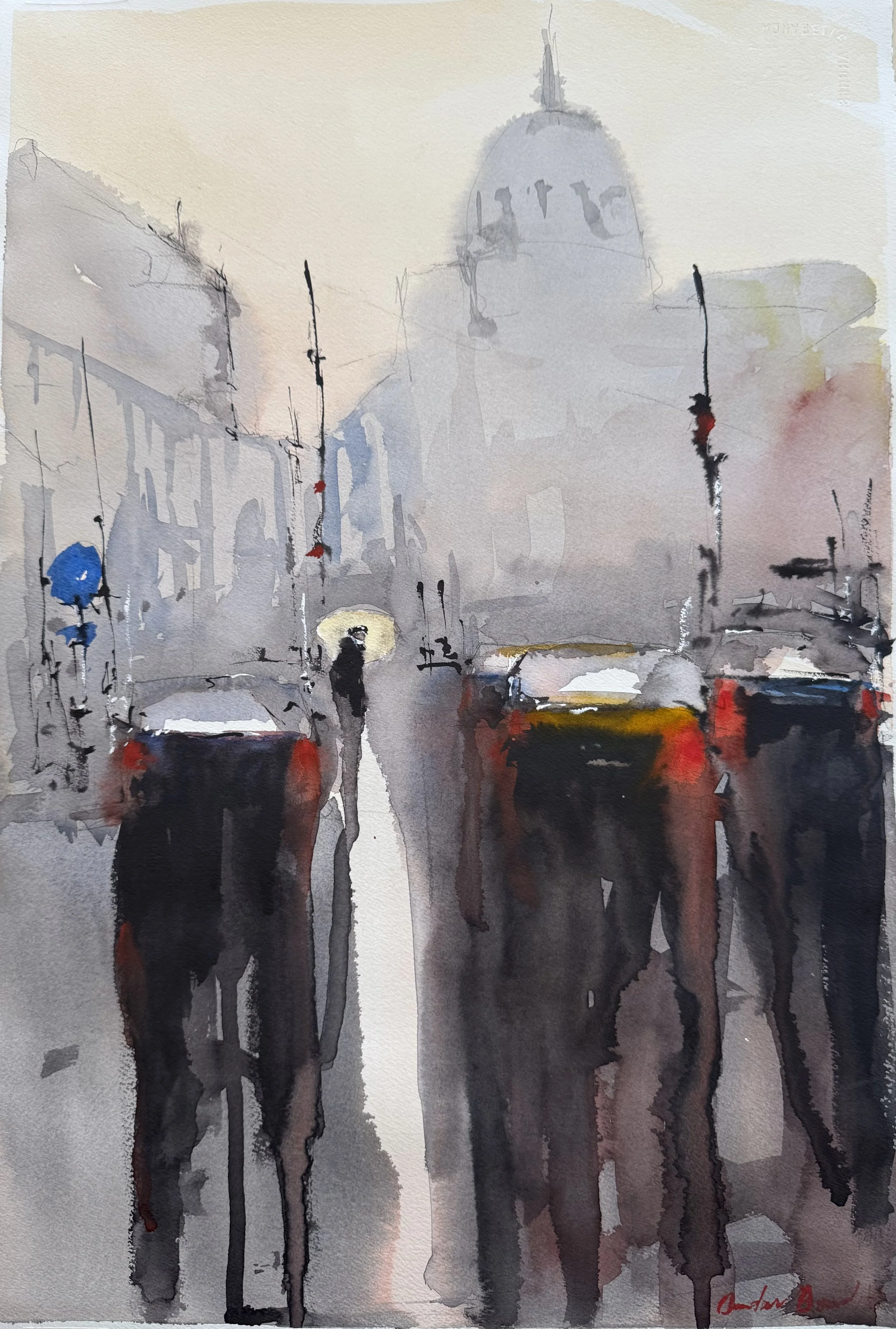 Watercolor painting of a city street scene on a rainy day with blurred cars, streetlights, and a building with a dome in the background, depicting a person holding an umbrella.