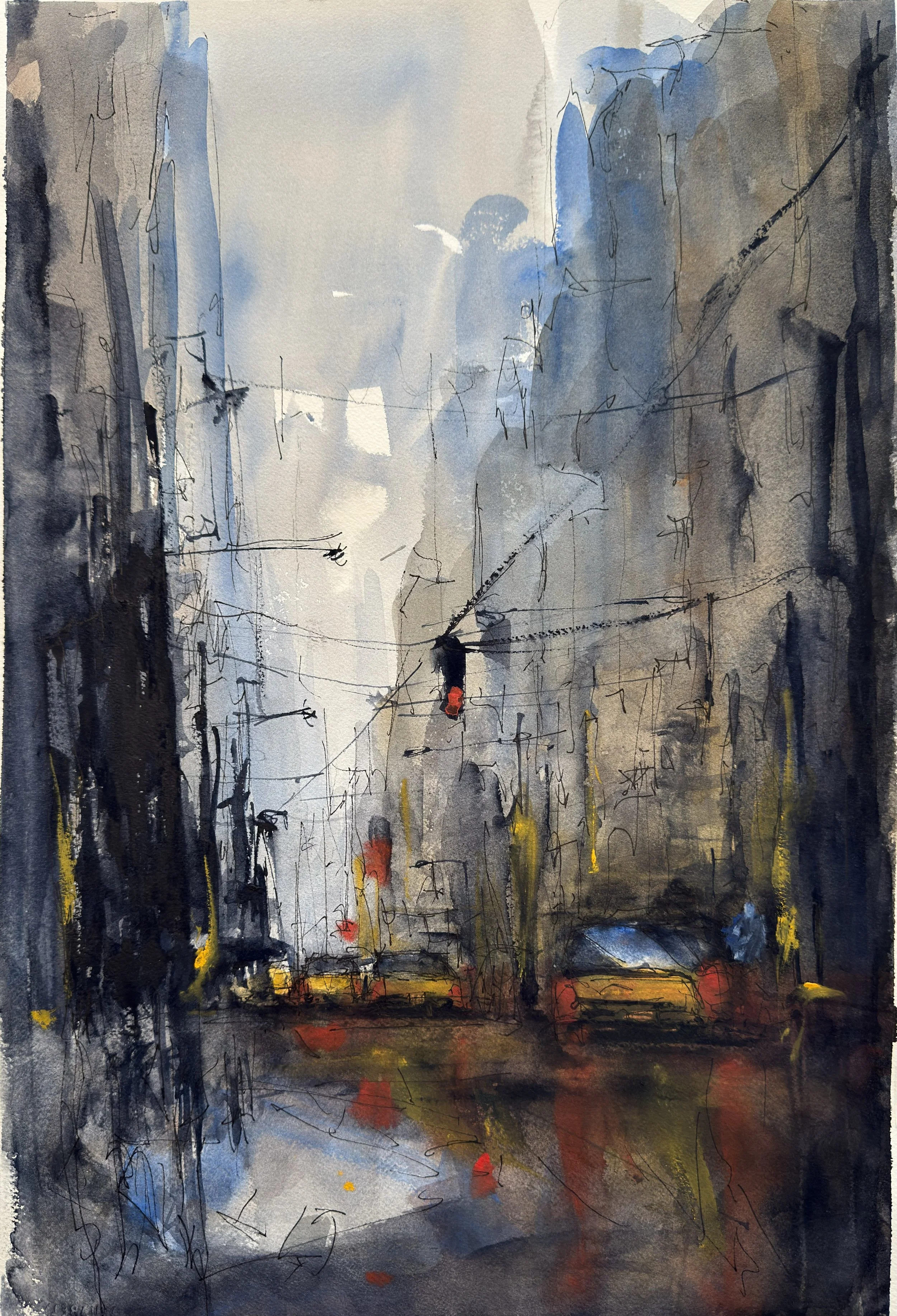A watercolor painting of a city street scene with buildings, traffic lights, streetlights, wet pavement, and cars, in muted colors with hints of red and yellow.