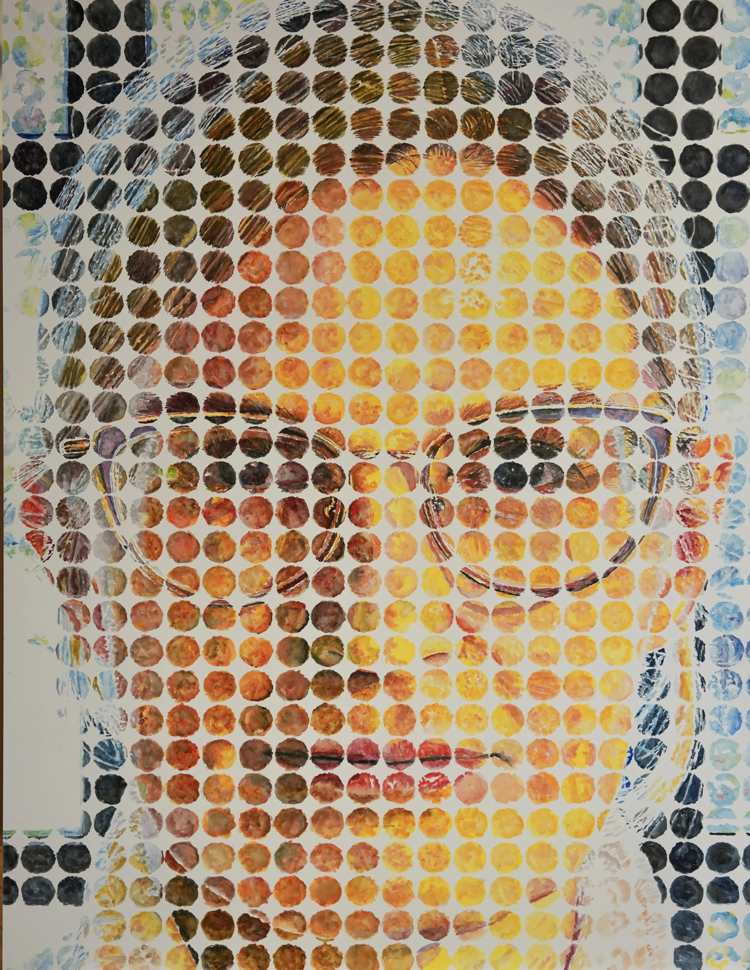 Abstract artwork featuring a pattern of multicolored circles in a grid, with a vibrant color palette including yellow, orange, red, brown, black, and hints of blue and green.