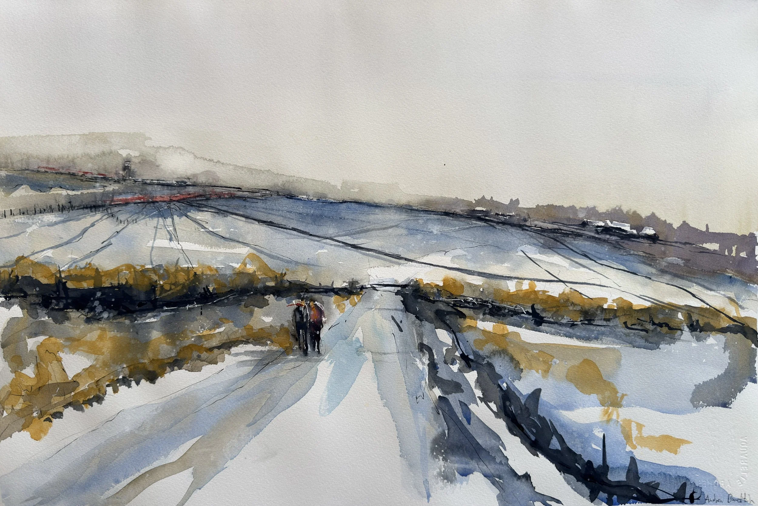 A watercolor painting of a rural snow-covered road with two people walking, surrounded by fields and power lines, under a gray sky.