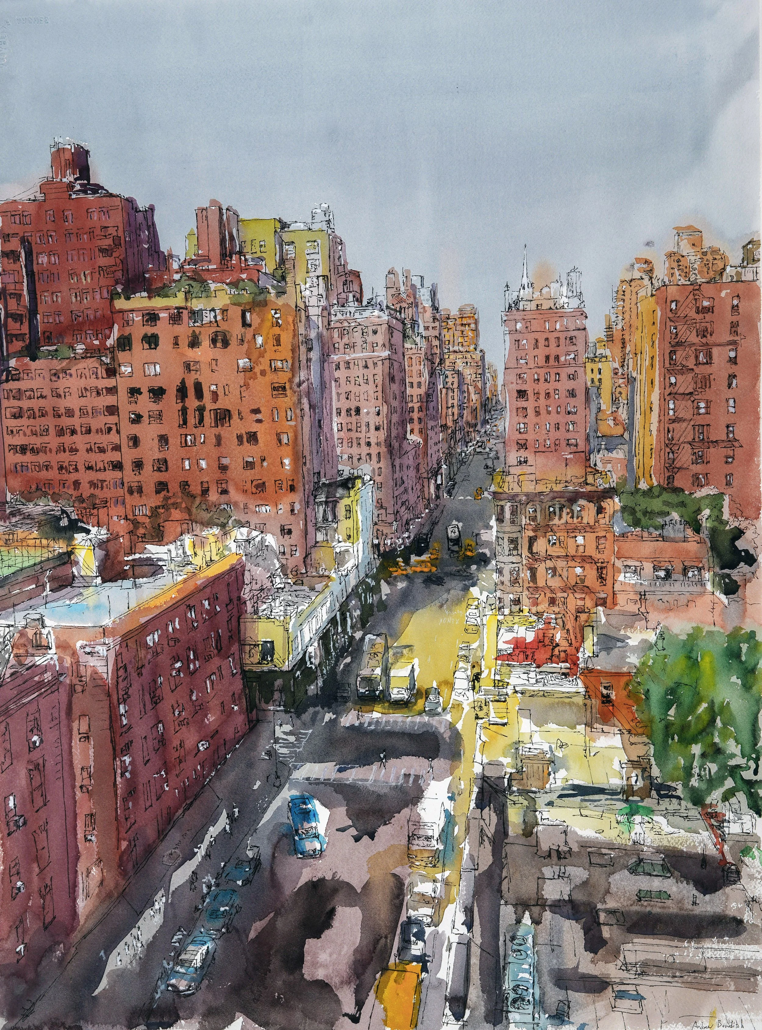A watercolor painting of a city street with tall, colorful buildings on both sides. Cars are parked along the street and the sky above is clear.