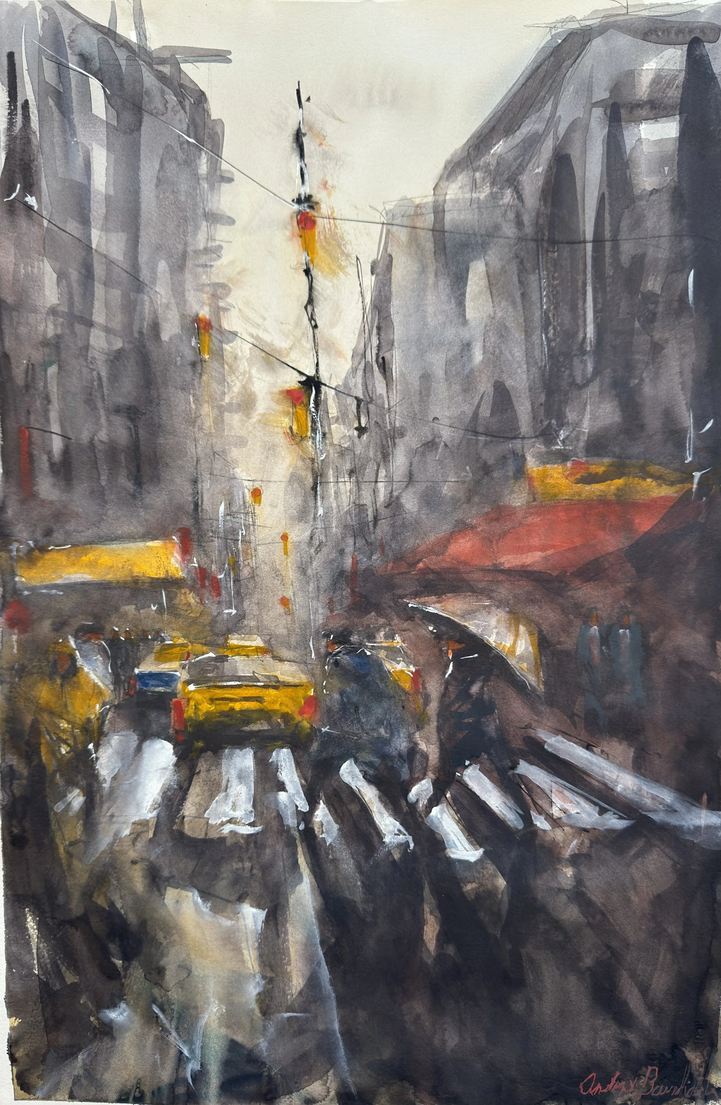 A watercolor painting of a rainy city street with yellow taxis, pedestrians with umbrellas, and tall buildings, capturing a bustling urban scene.