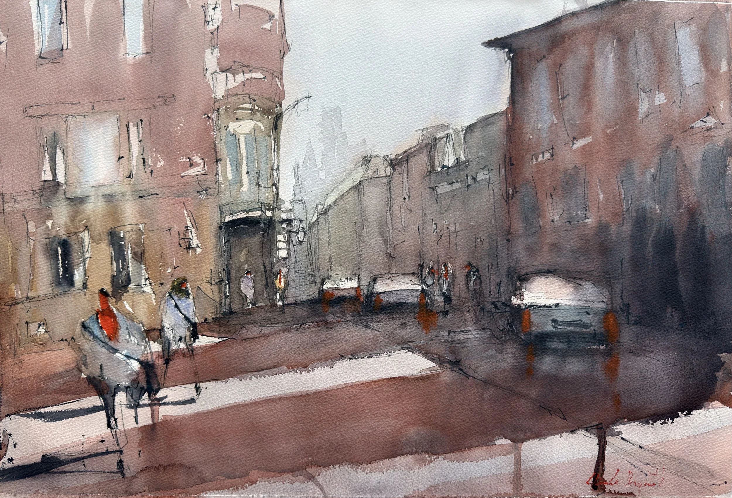 A watercolor painting of a city street scene with wet pavement, red brick buildings, pedestrians, and a car, depicted in loose, impressionistic style.