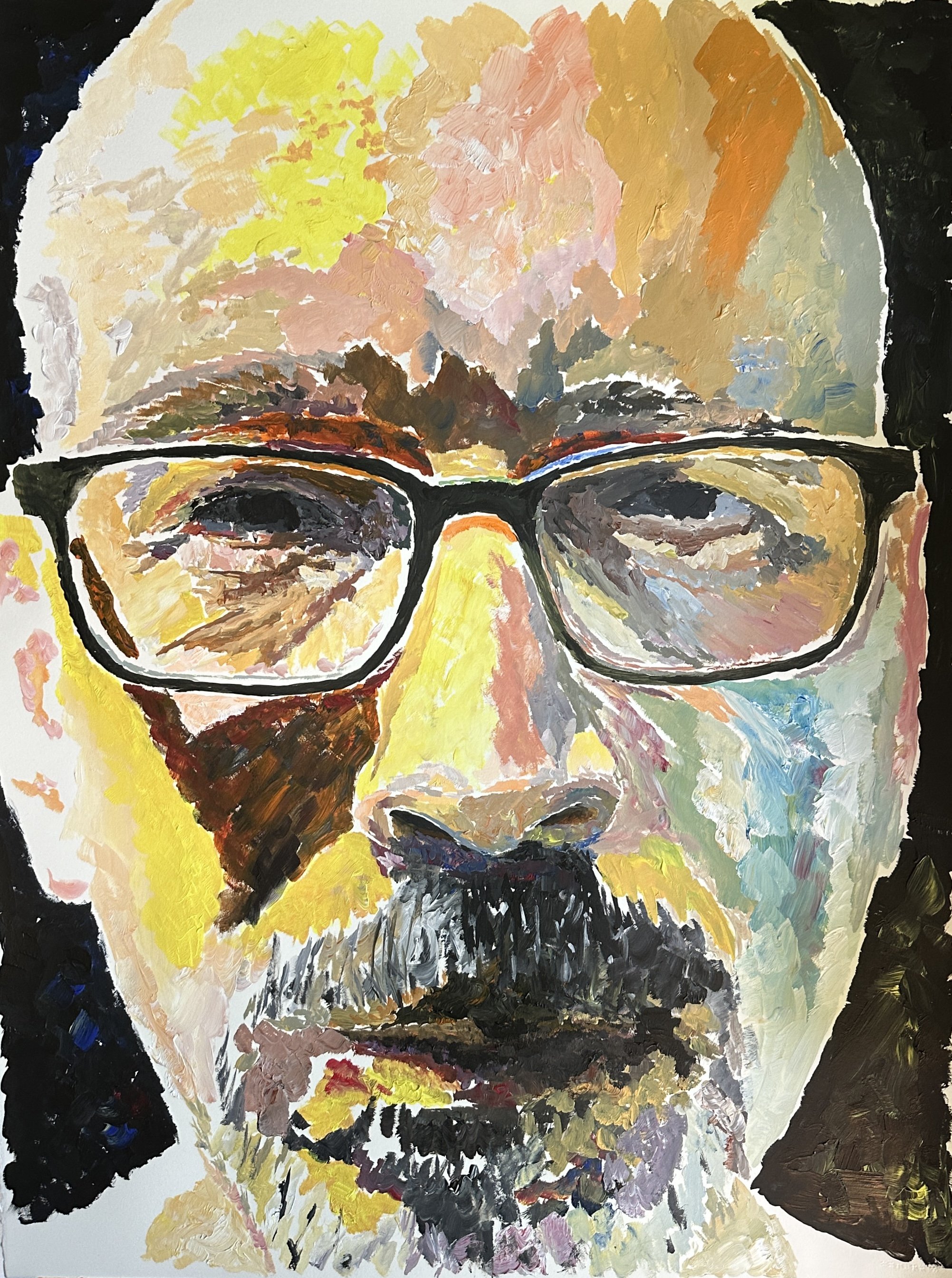 A colorful, abstract portrait of a man with glasses and a mustache, created with thick textured brushstrokes.
