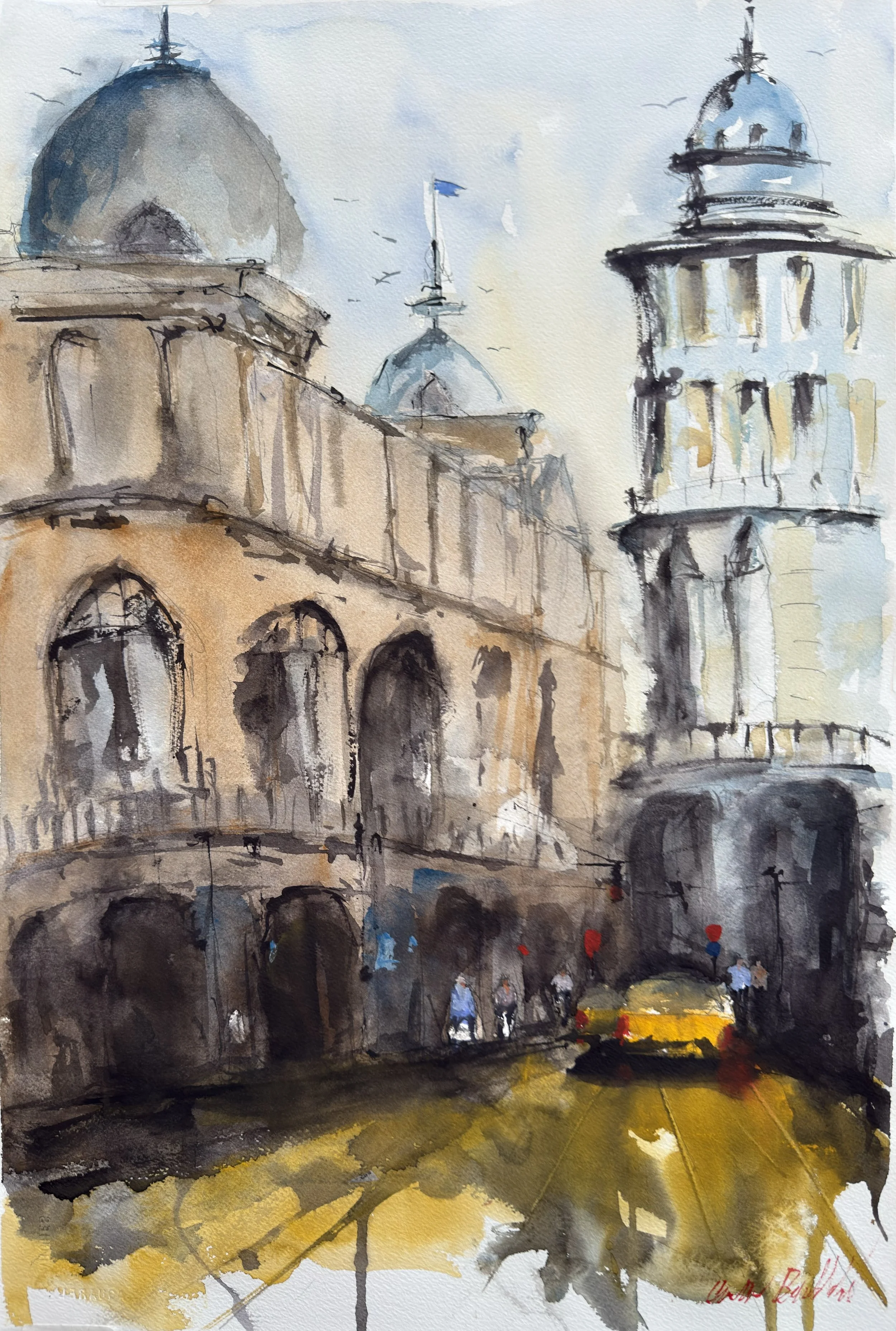 Watercolor painting of a city street scene with historic buildings, domed towers, and a yellow vehicle on tram tracks, with a cloudy sky.