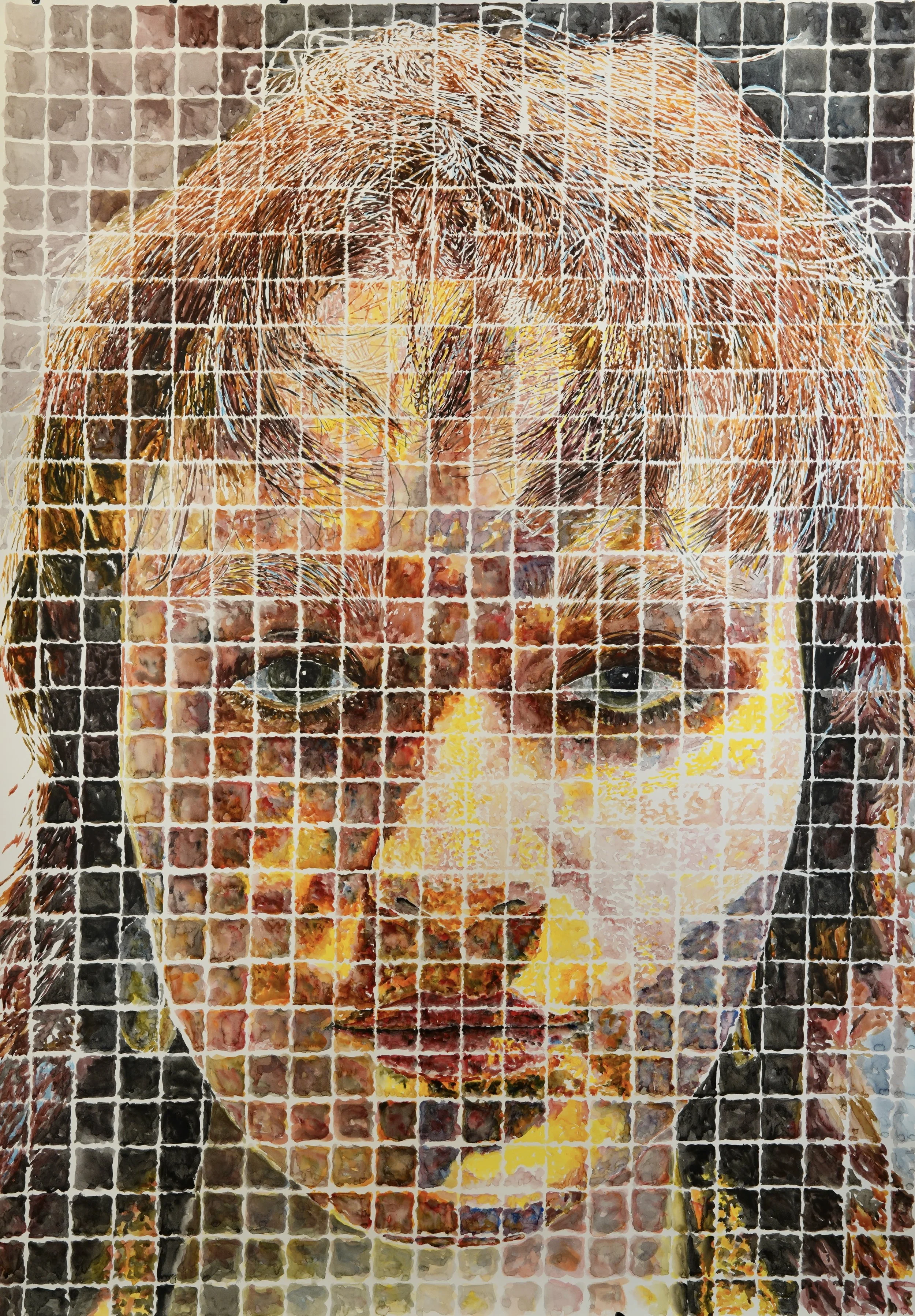 A mosaic-style painting of a woman's face composed of small colorful tiles, with prominent blue eyes and reddish-brown hair.