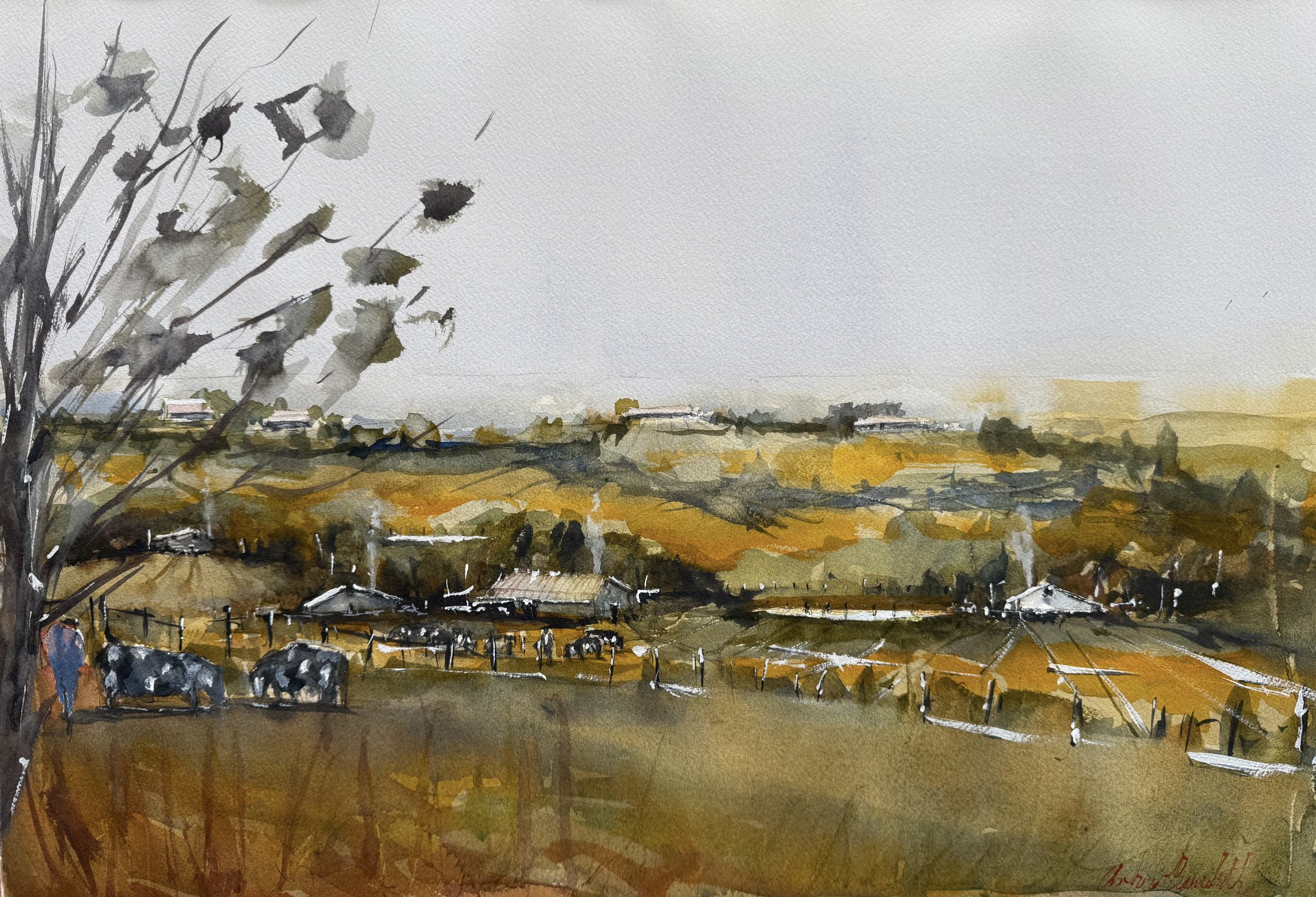 Watercolor painting of a rural landscape with a fence, cows, a person, trees, and farm buildings with hills in the background under a cloudy sky.