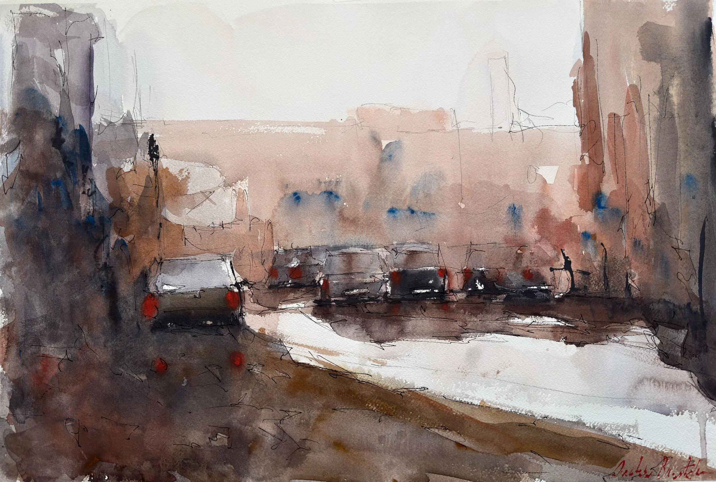 Watercolor painting depicting cars on a city street in rainy weather, with buildings and trees on either side and a cloudy sky in the background.