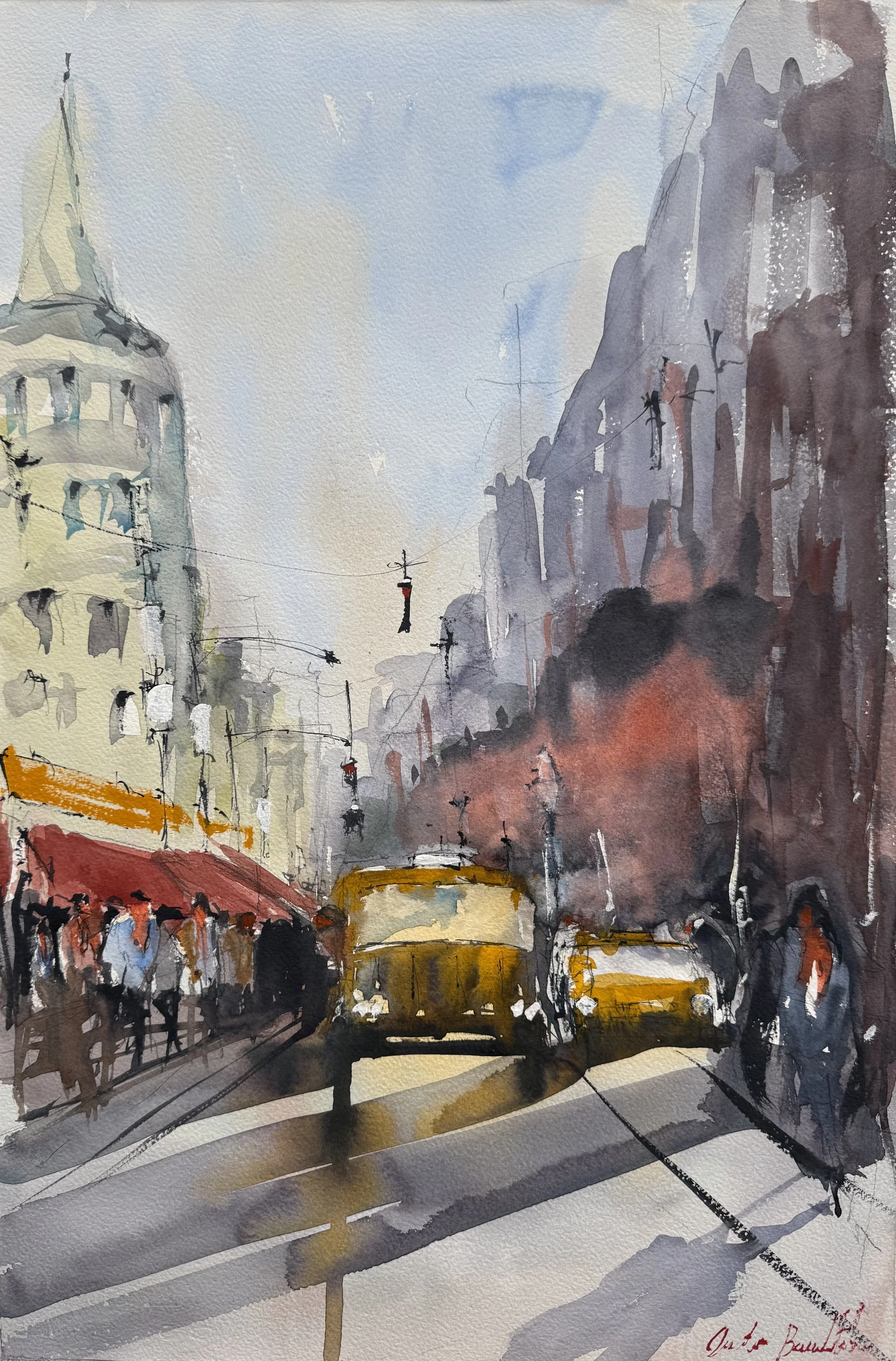 A watercolor painting of a city street scene with a tram, buildings, pedestrians, and power lines during daytime.