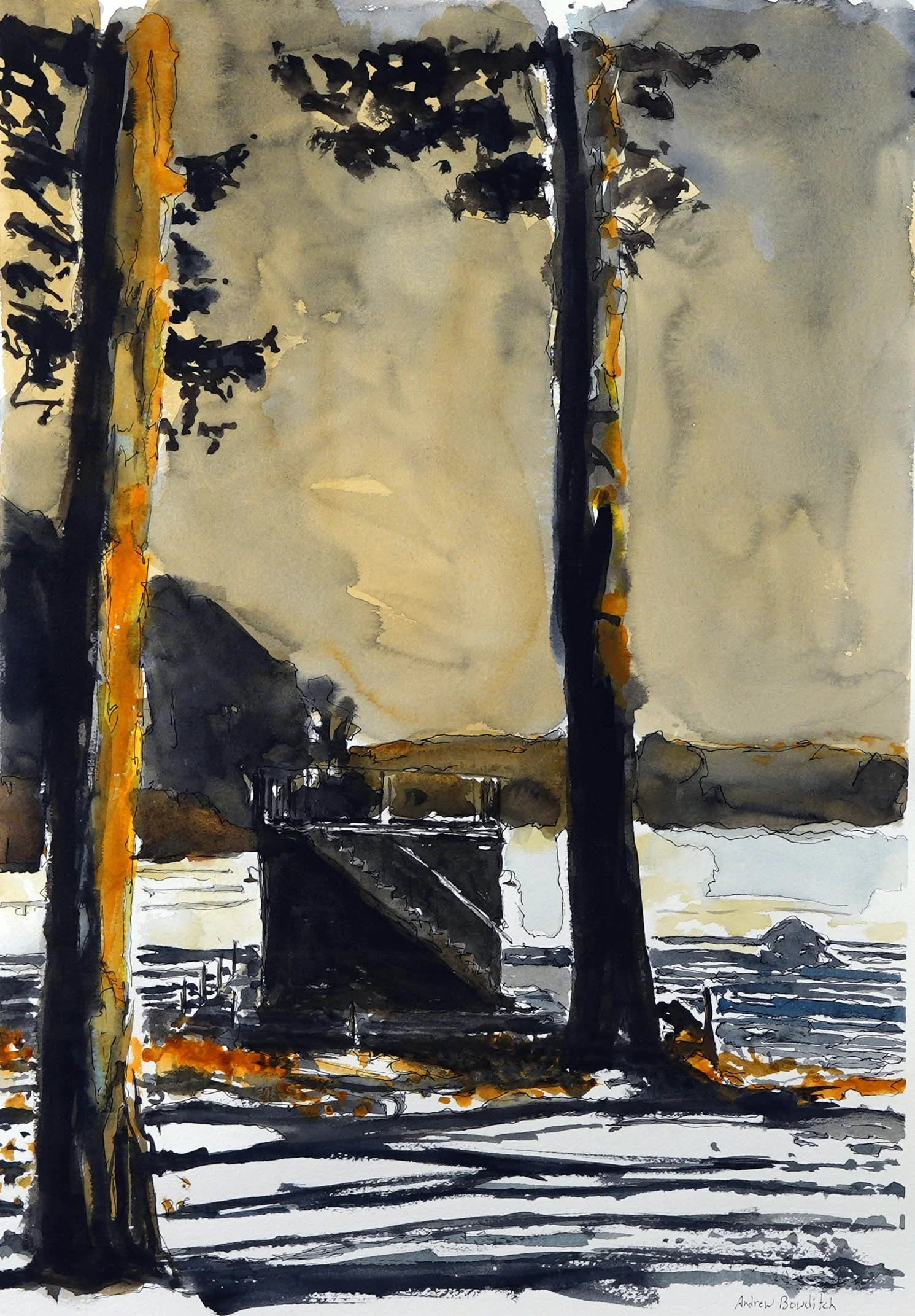 A watercolor painting of tall trees beside a water body, with a partially visible boat or structure in the background, and shadows on the ground.