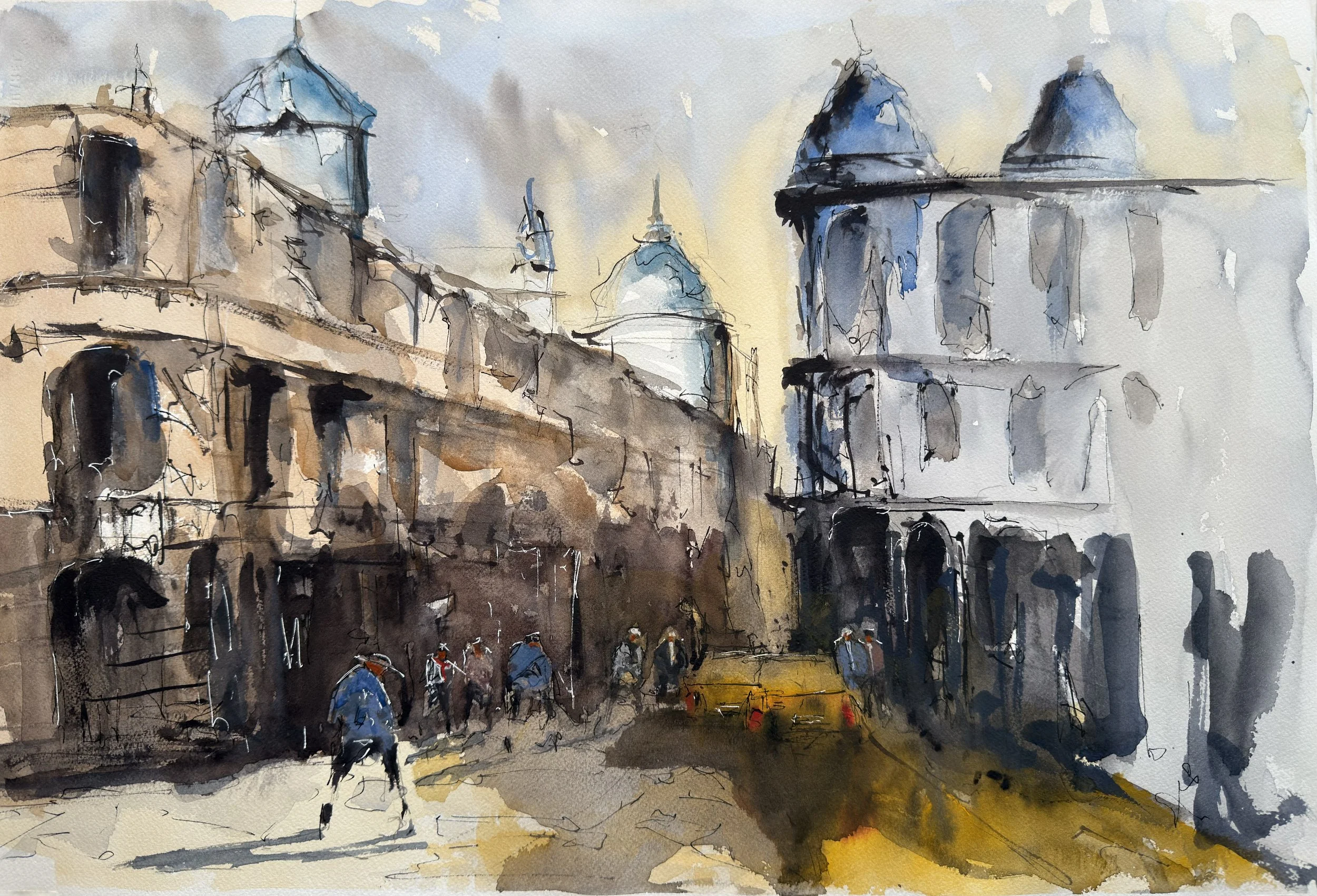 A watercolor painting of a city street scene with tall historic buildings on either side, a taxi in the middle, and pedestrians walking along the sidewalk.