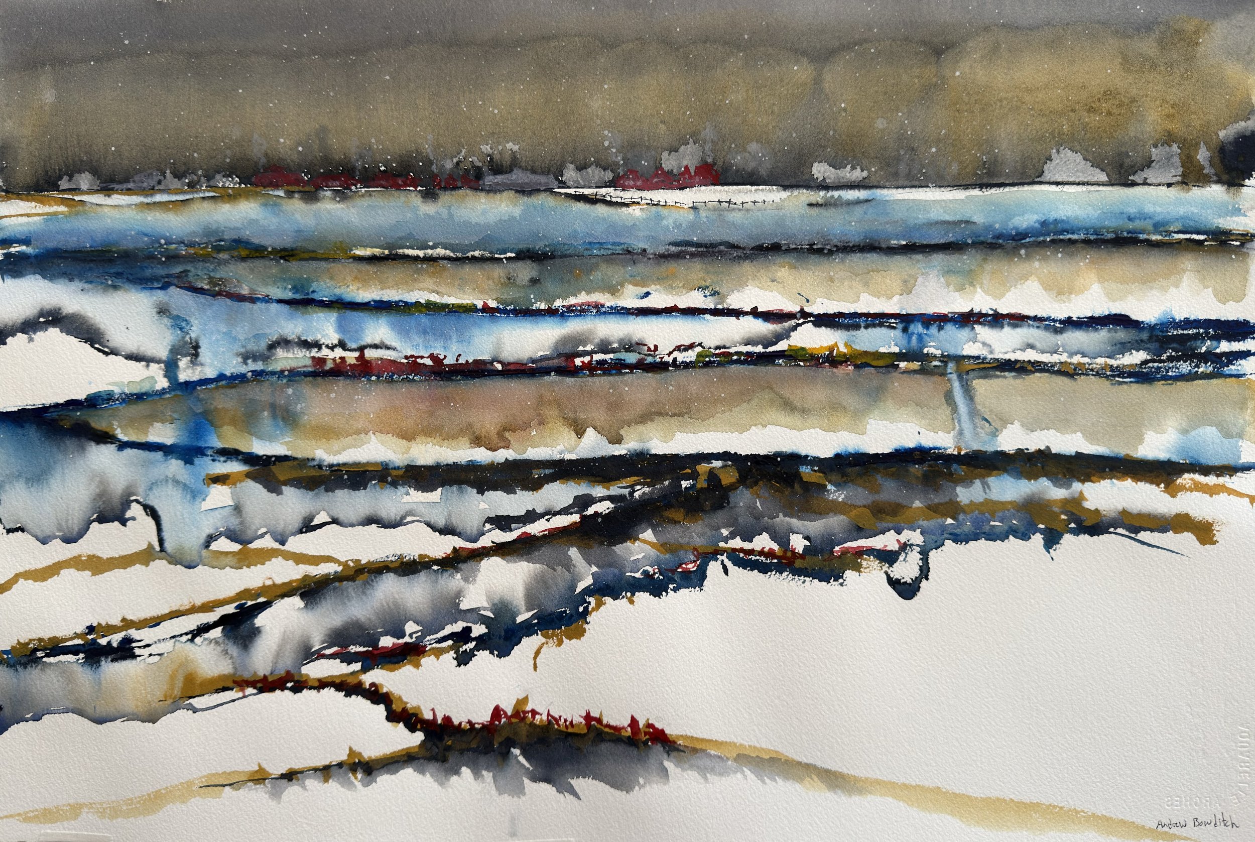 Abstract watercolor painting of landscape with horizontal layers of muted colors including brown, blue, gray, and white, representing mountains, sky, or water.