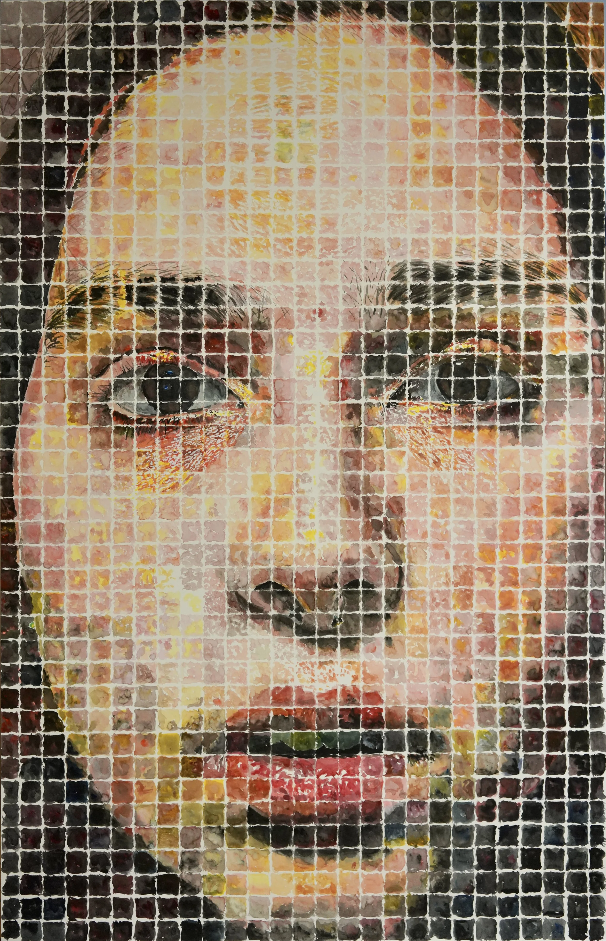 A mosaic portrait of a woman with fair skin, bright blue eyes, red lipstick, and blonde hair, created with small square tiles.