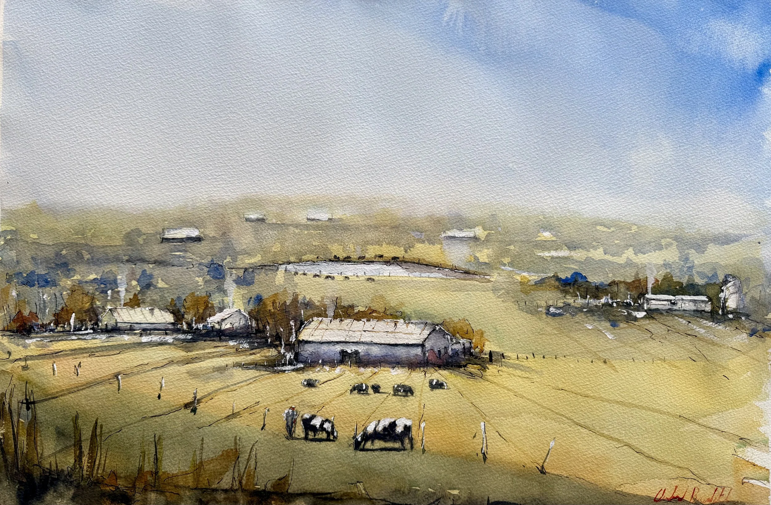 A watercolor landscape of a rural farm scene with open fields, scattered barns, grazing cows, and a bright blue sky with some clouds.