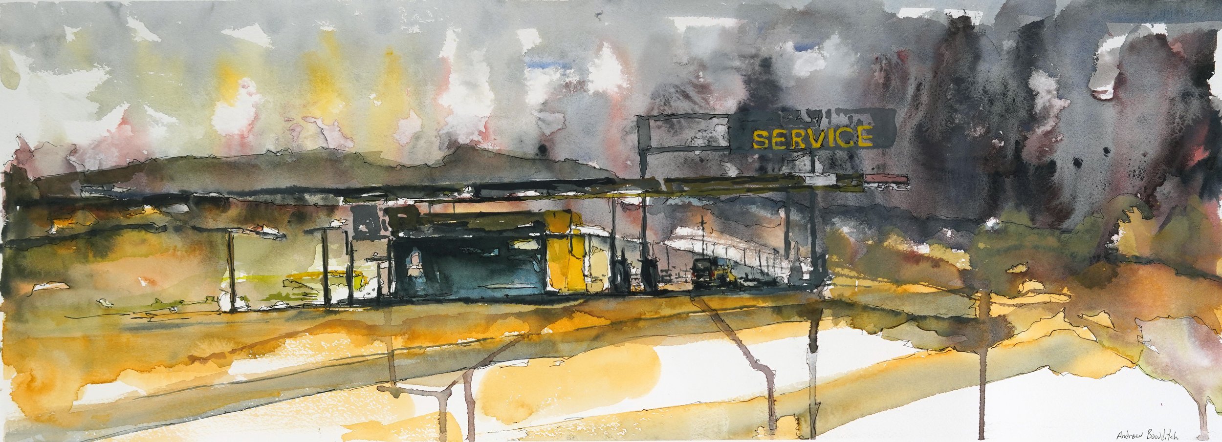 A watercolor painting of a gas station with a yellow sign that reads 'SERVICE' against a dark and cloudy sky.