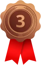 Close-up of a gold medal with a number 3 in the center and a red ribbon attached.