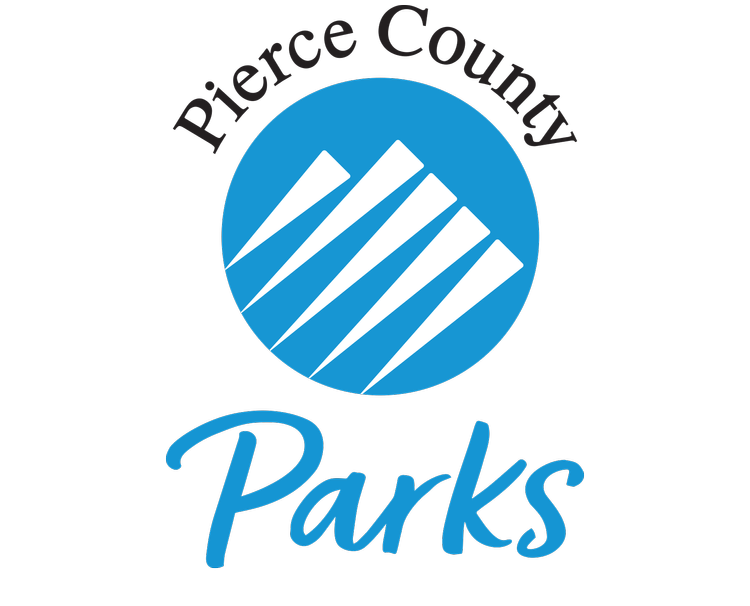 Pierce County Parks logo featuring a blue circle with white stylized mountains and the text 'Pierce County Parks' in black and blue.