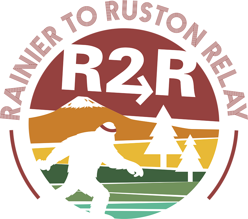 A circular logo with mountains, trees, and a sasquatch, featuring the text 'R2R' and the phrase 'An Inner to Ruston Relax'.