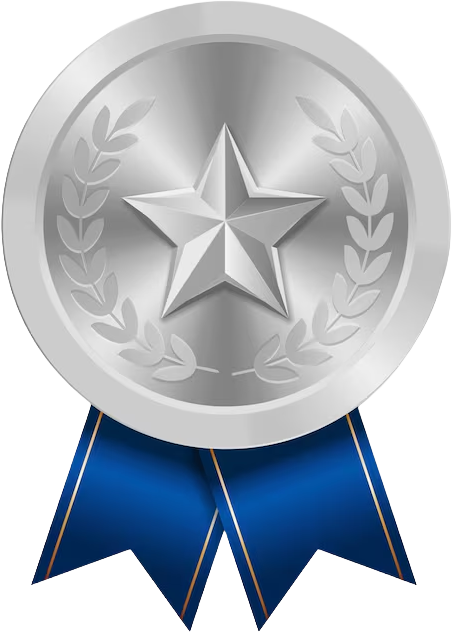 Silver medal with a star in the center and a laurel wreath design, adorned with a blue ribbon.