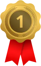 Gold medal with number one on it and red ribbon